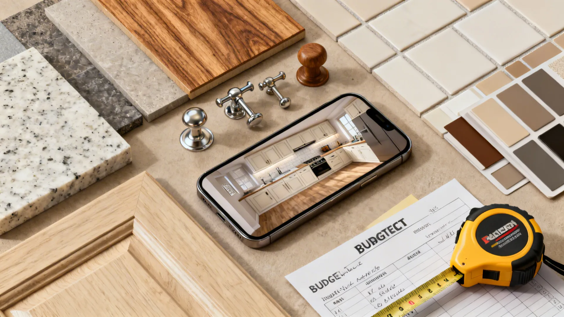 Flatlay of material samples, a phone with a 3D kitchen render, and budget notes for planning a renovation.