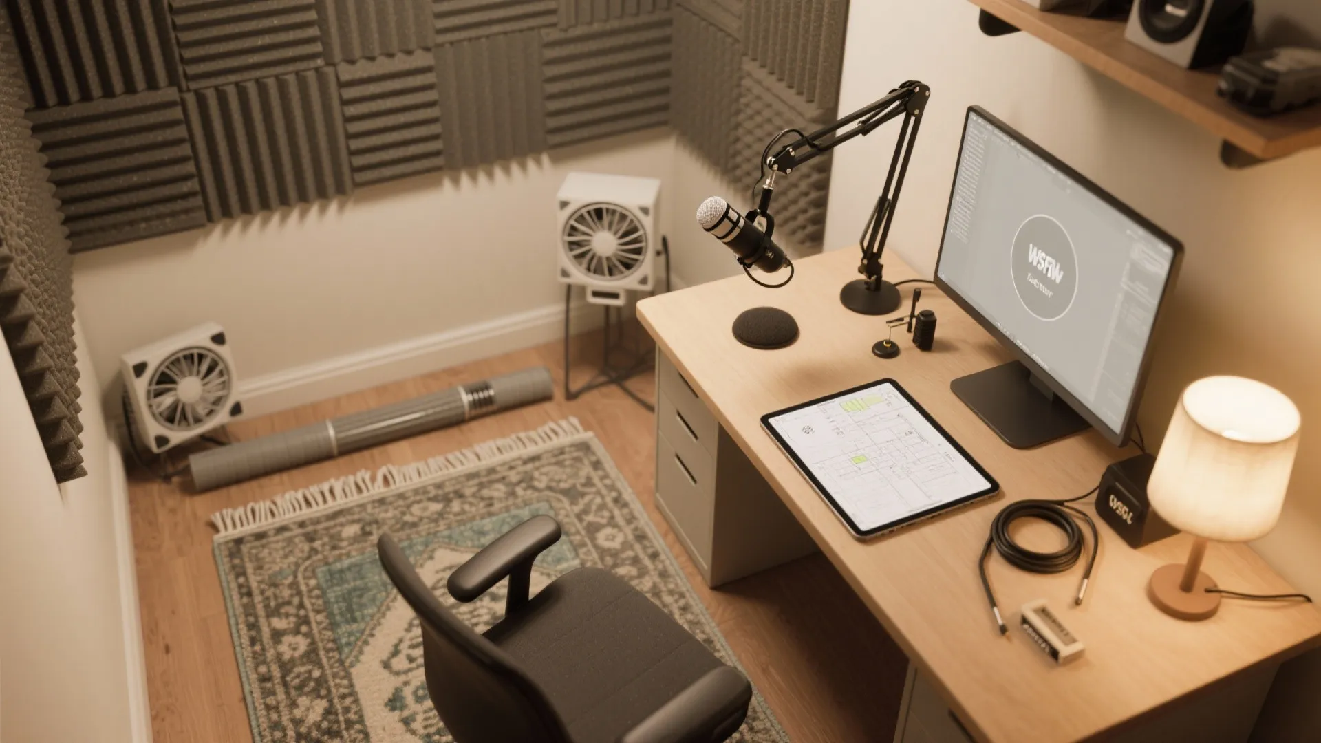Home office setup with wooden desk computer tablet showing floor plan microphone and wall sound foam