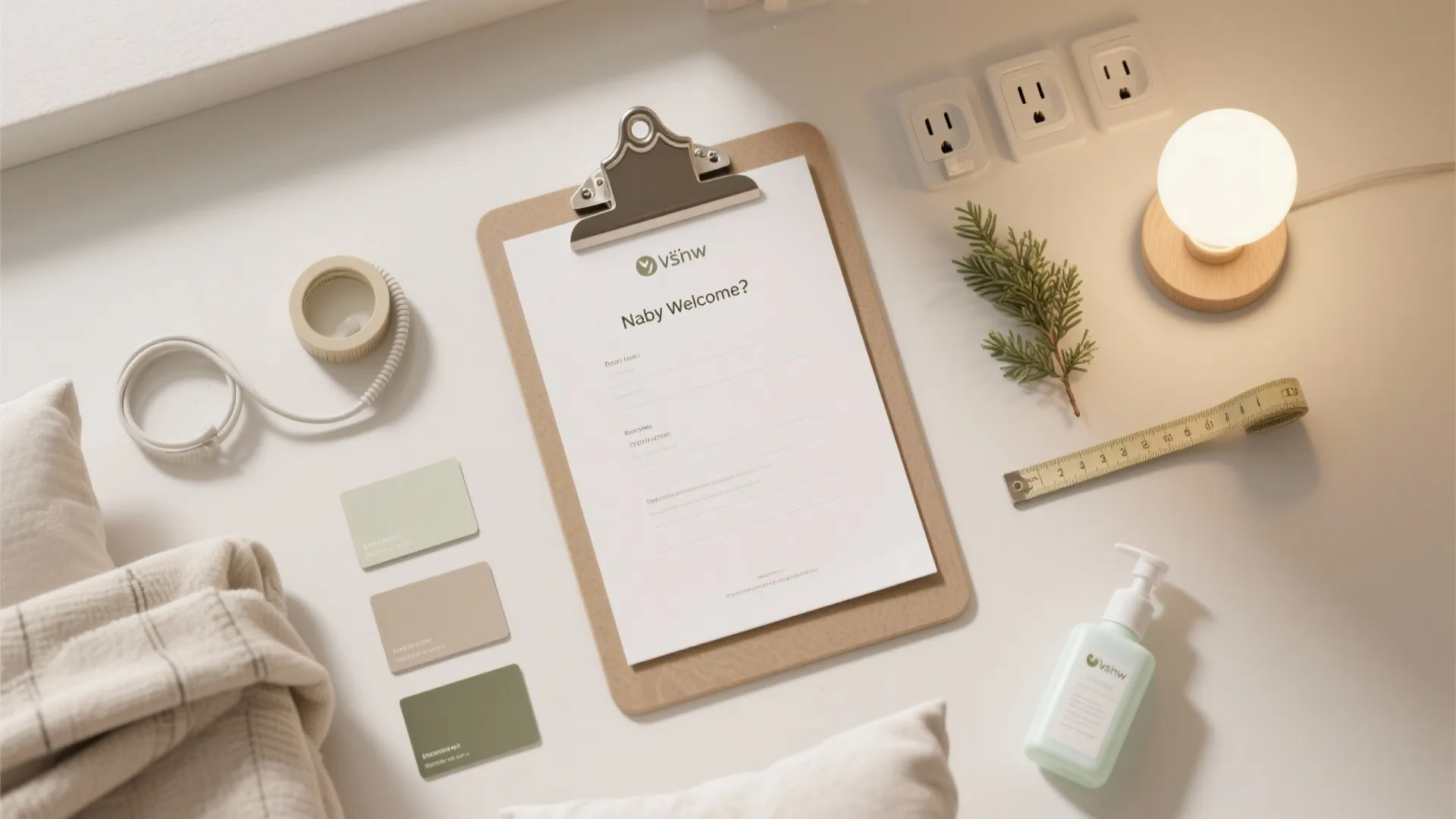 Clipboard with baby welcome paper, color cards, tape, light bulb, measuring tape, and small bottle