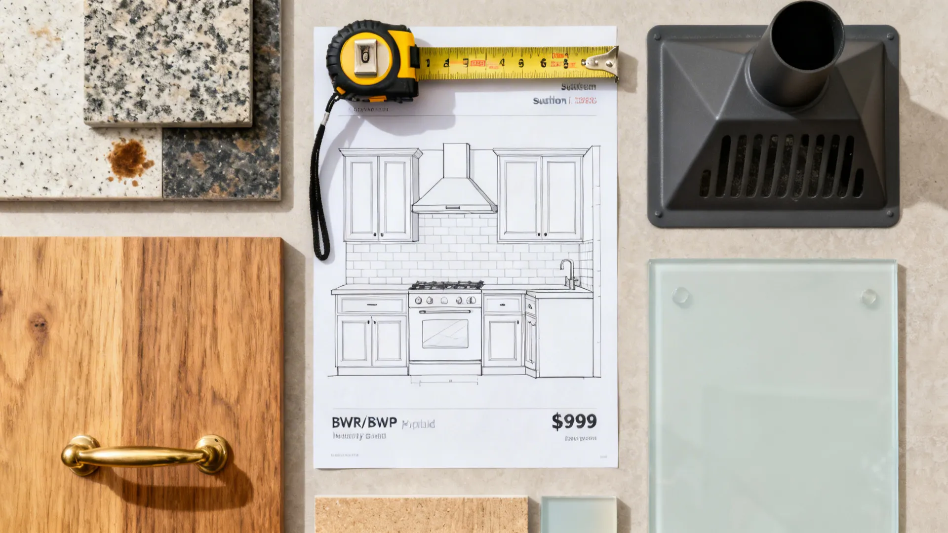 Flat lay of plan, chimney filter, ply sample, granite, quartz, glass, and brass handle representing FAQs.
