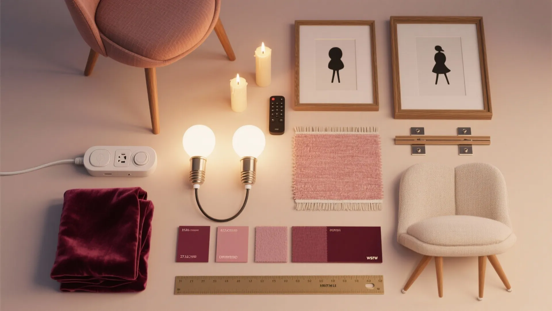 Interior design mood board with color samples fabric light bulbs small chairs and picture frames