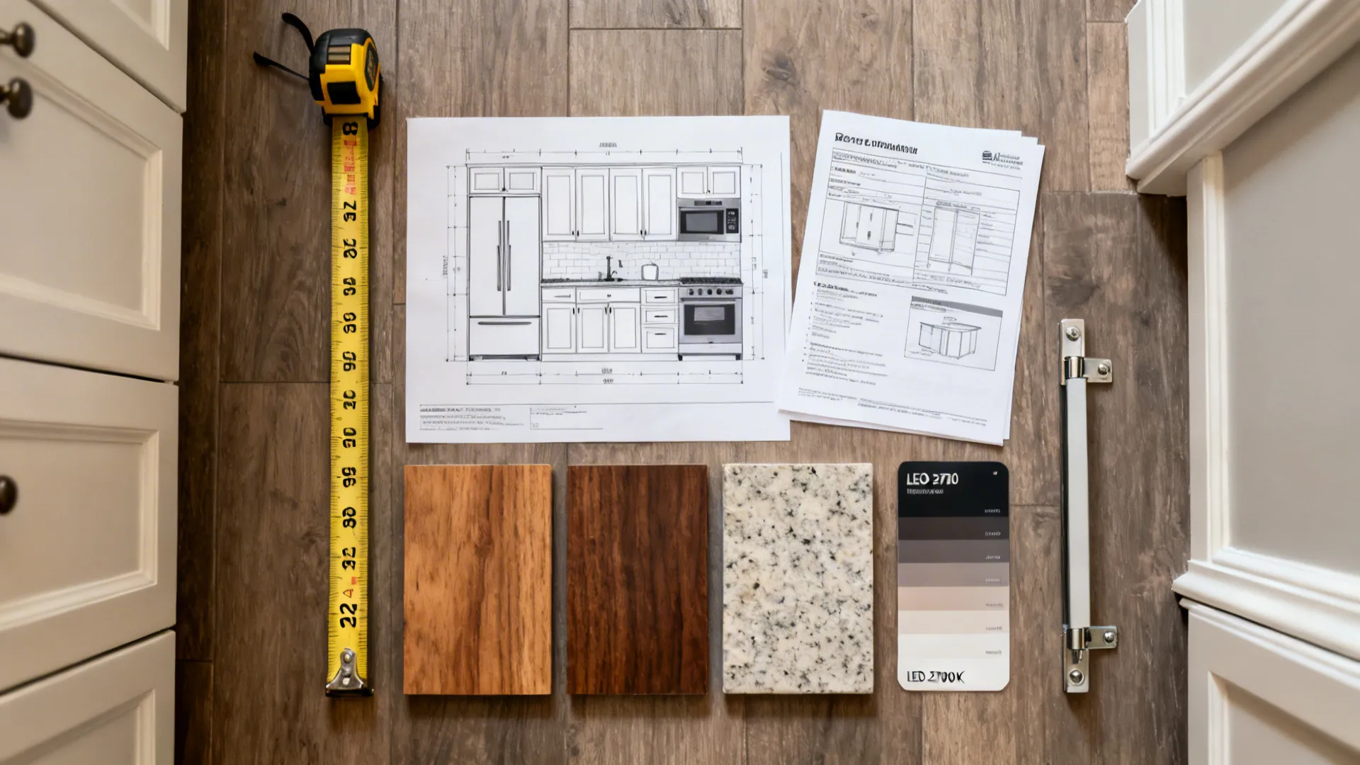 Flatlay with aisle measurements, plan print, compact appliance specs, material swatches, and LED color card.