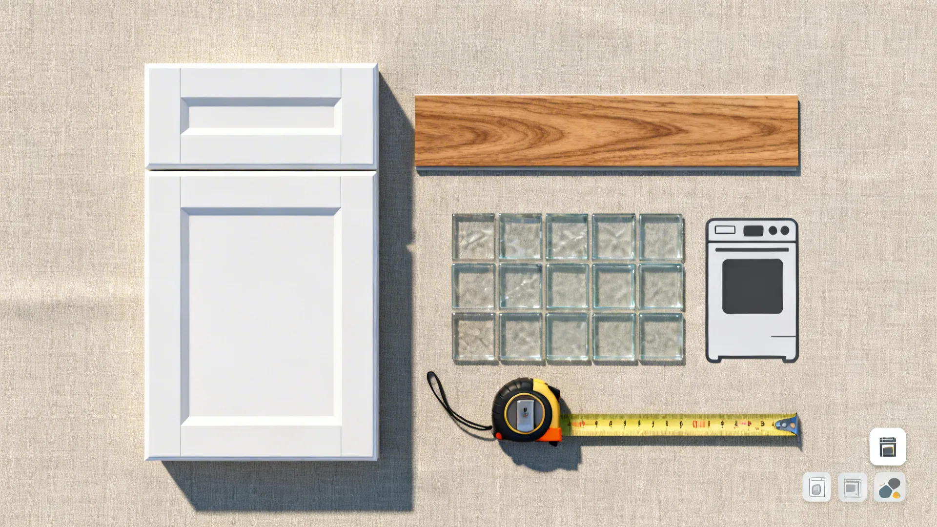 Top-down arrangement of cabinet, glass, oak samples, a small appliance silhouette, and a tape measure on a neutral background.