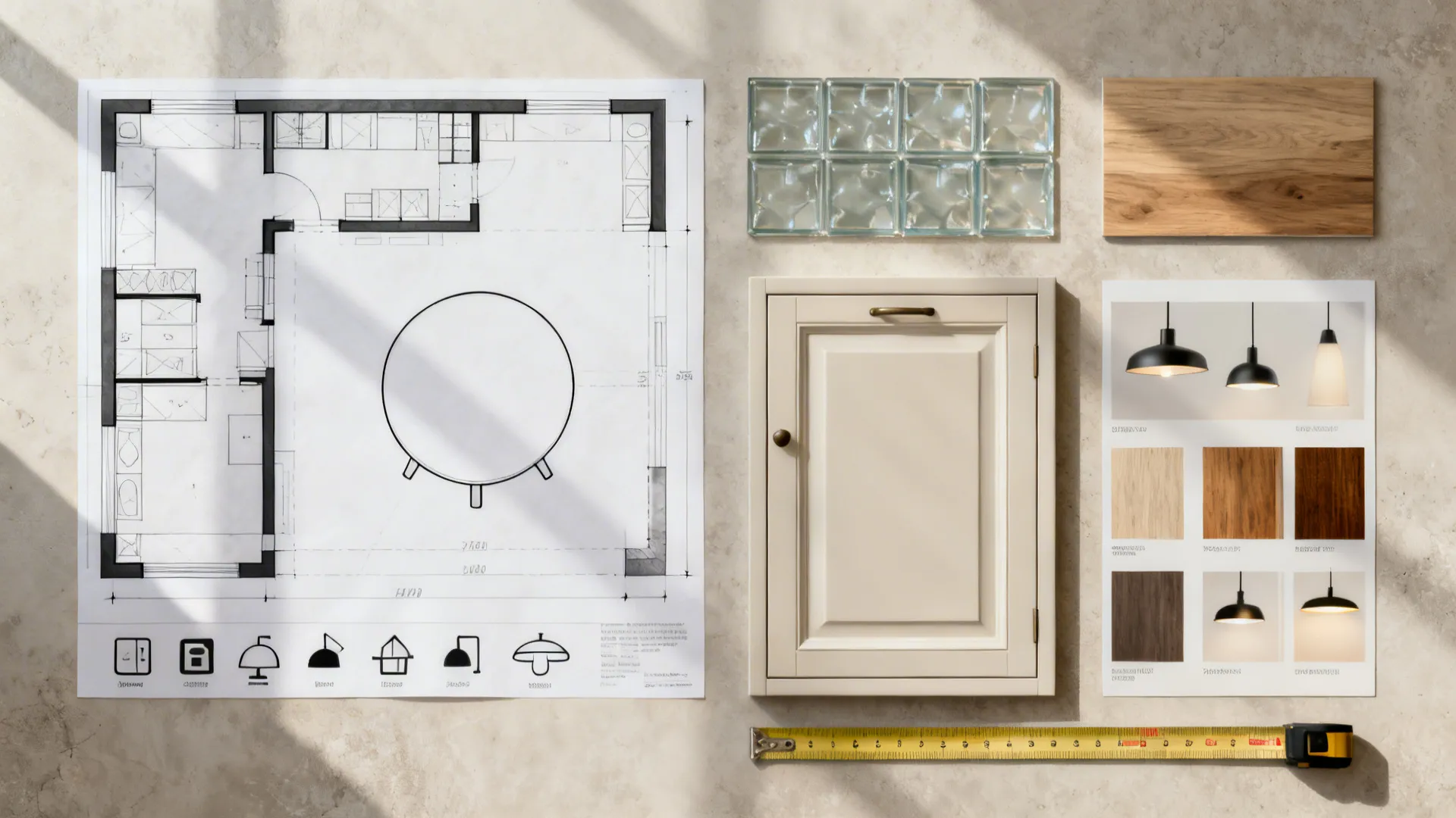 Flat lay of L-shape sketch, round table silhouette, glass sample, cabinet front, wood swatches, and lighting fixtures for FAQs.