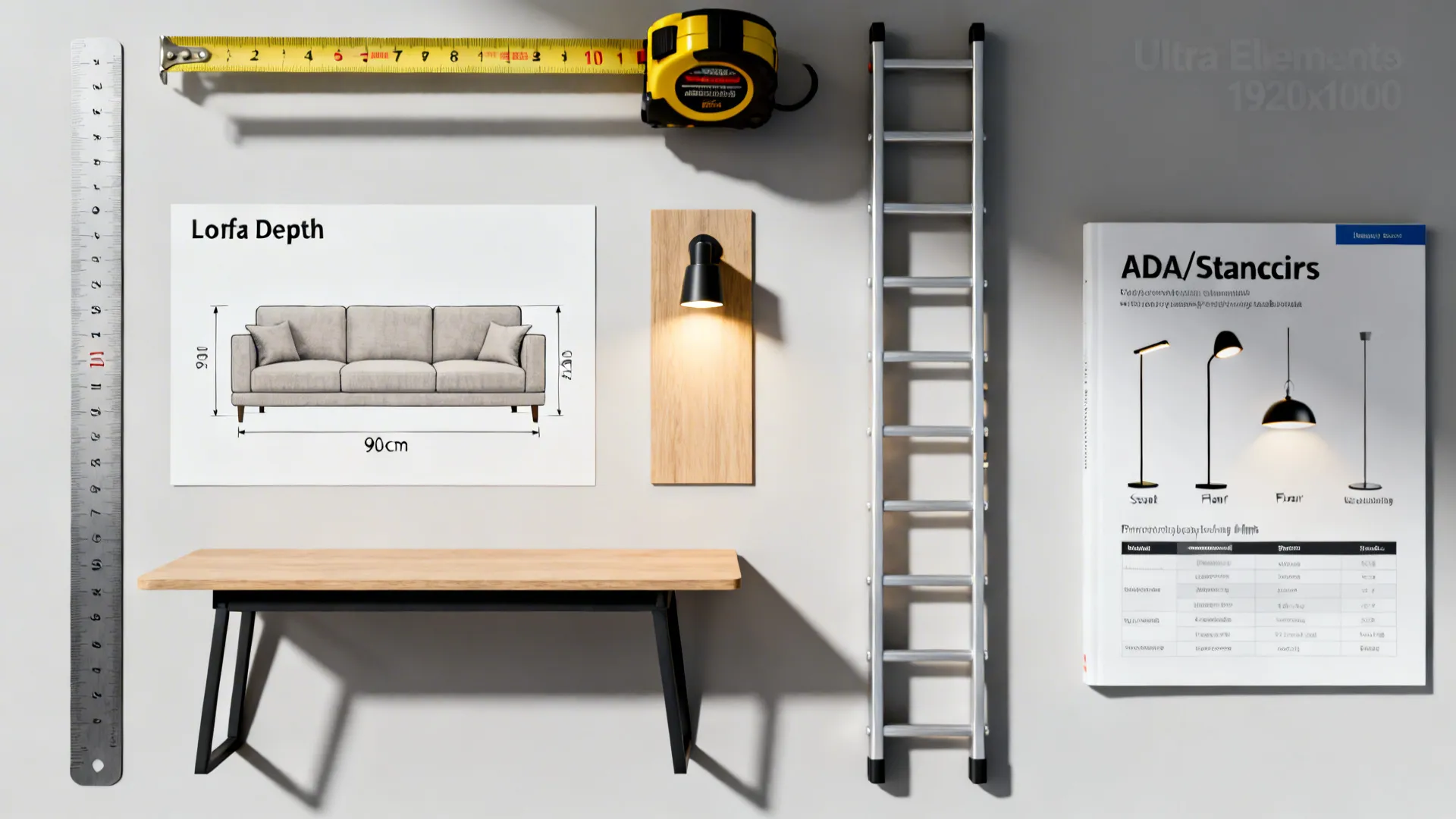 Flatlay of measuring tools, sofa depth diagram, lighting samples and narrow furniture solutions for FAQs.