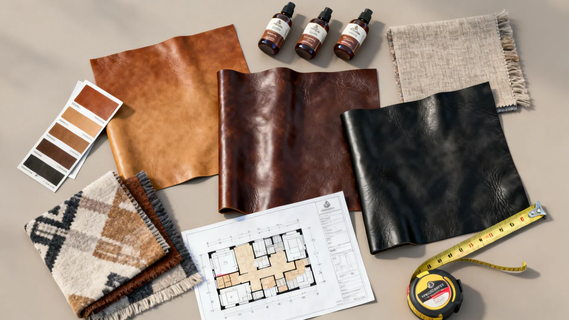 Flatlay with leather swatches, conditioner, fabric samples and a floor plan for sectional planning