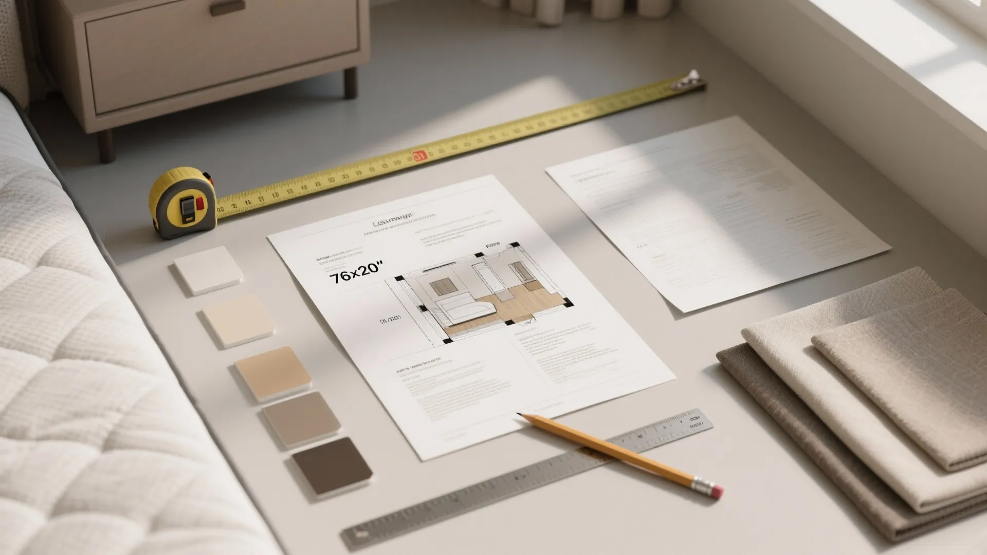 Interior design drawing with measuring tape pencil color swatches and fabric samples on a desk
