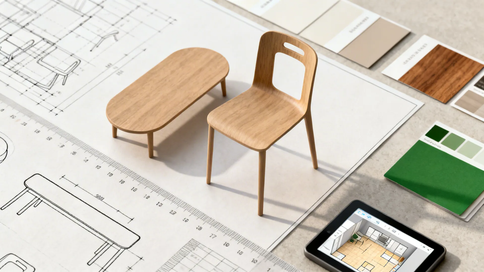 Interior design planning with wooden furniture models over paper drawings plus a tablet showing layout