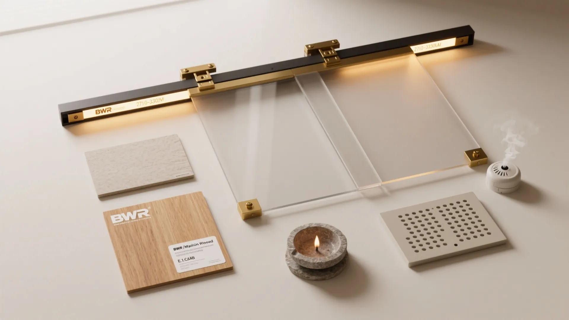 Flat lay of material samples including wood panel plus glass and small candle light fixture