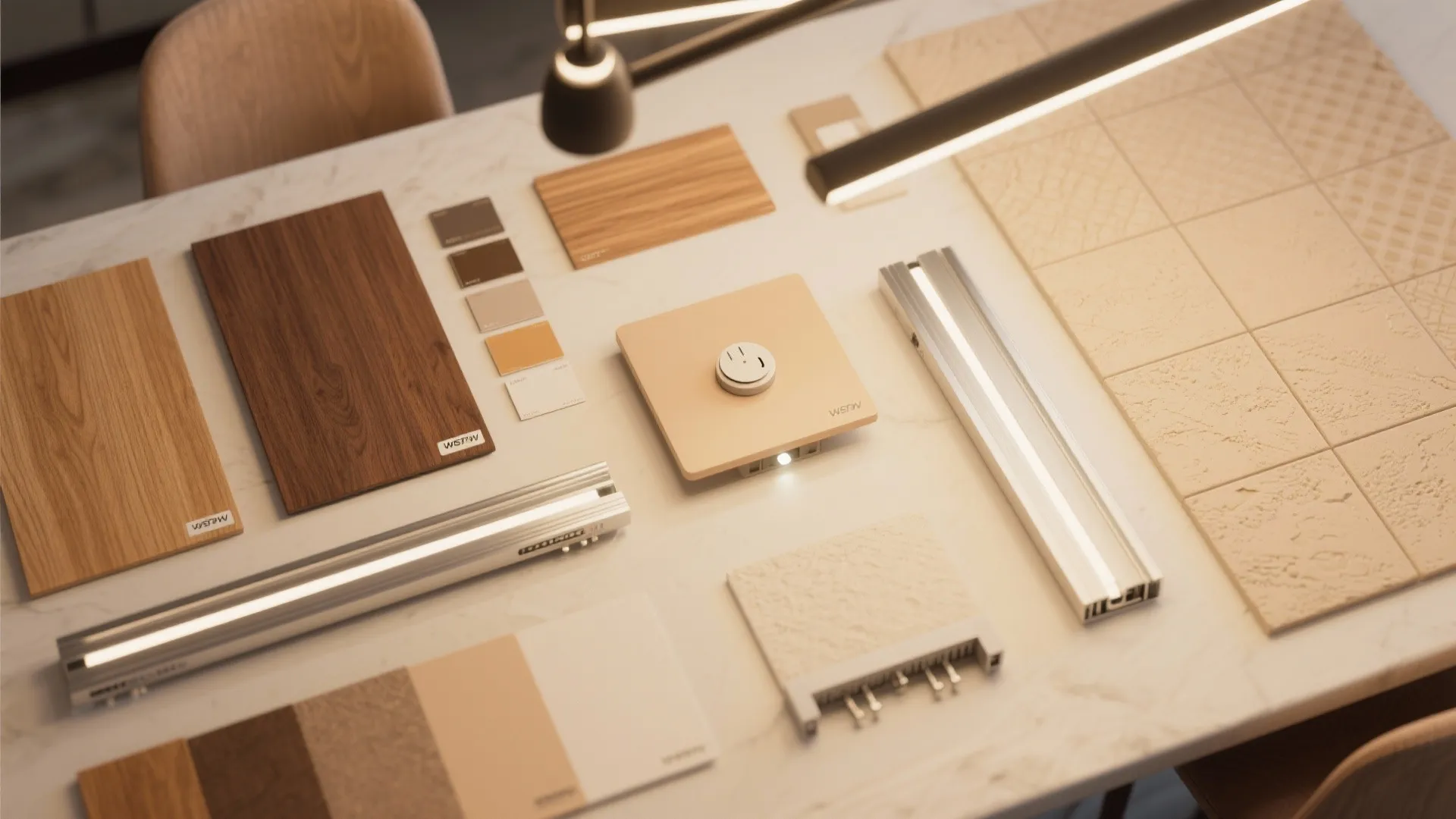 Interior design material board with wood samples tiles color swatches and silver metal light fixtures
