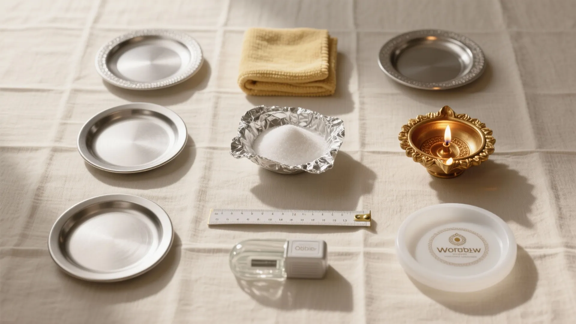 Table layout with metal plates yellow cloth small bowl of white powder and one lit candle