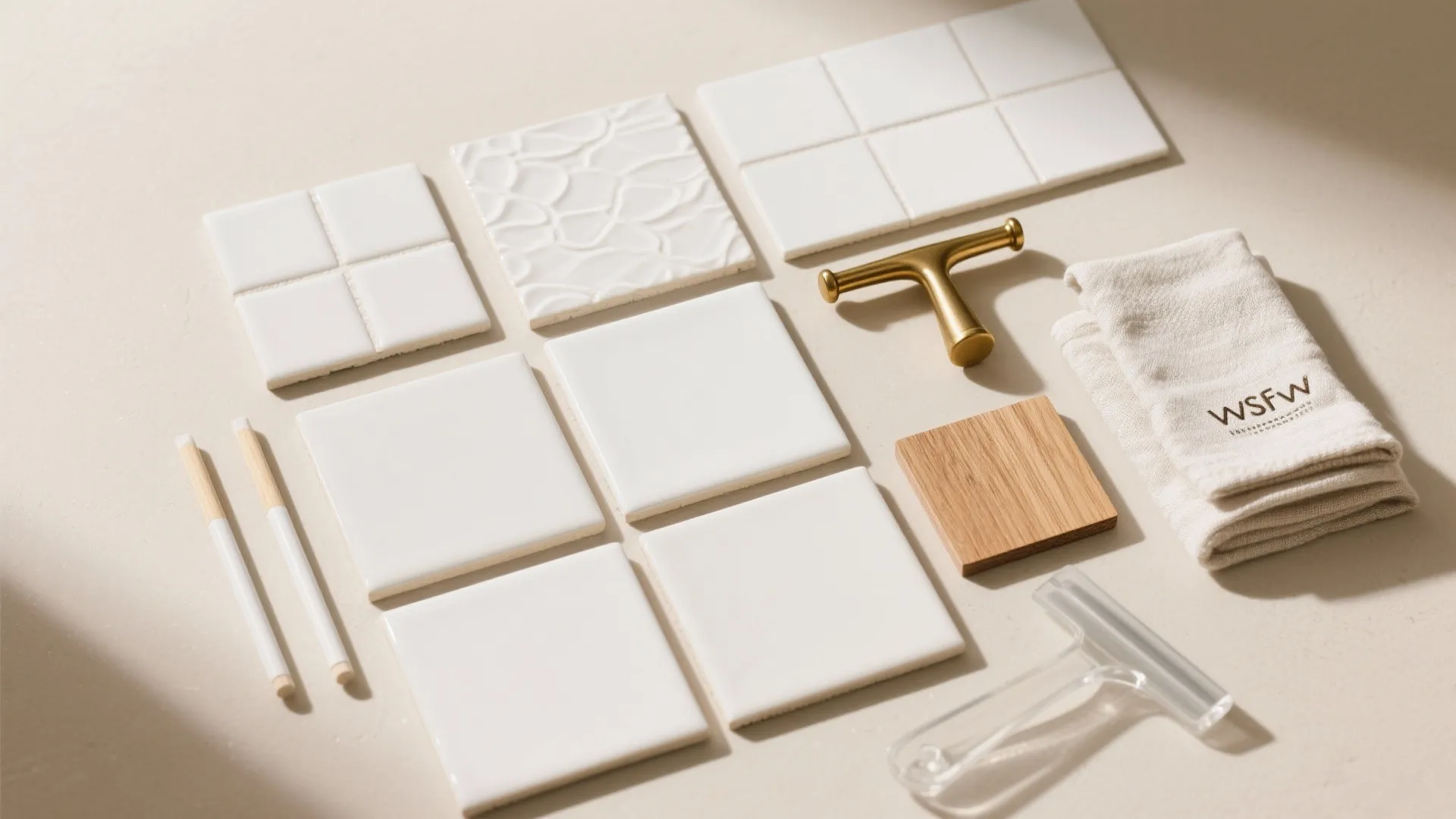 Flat lay of white ceramic tiles with gold handle wood sample and fabric on table