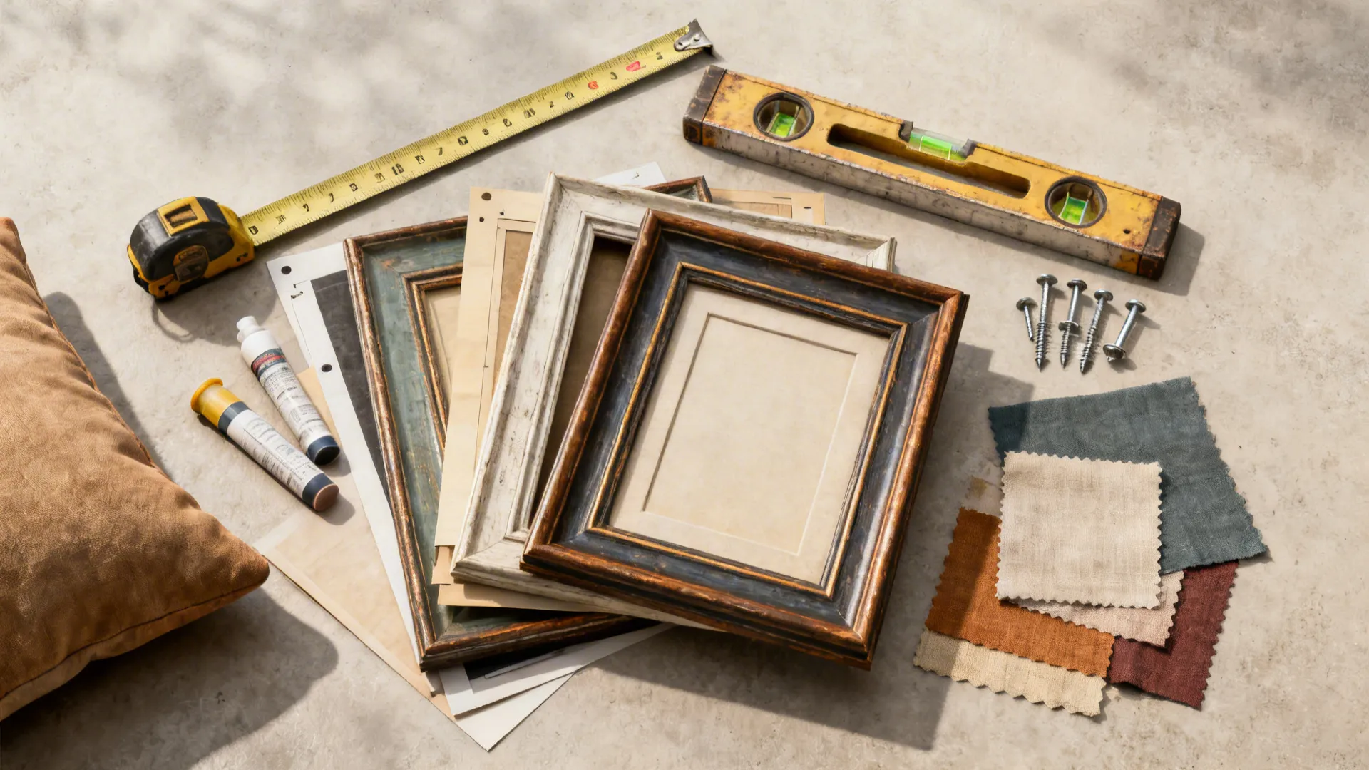 Flatlay of framing tools, anchors and fabric swatches for planning vintage wall decor.