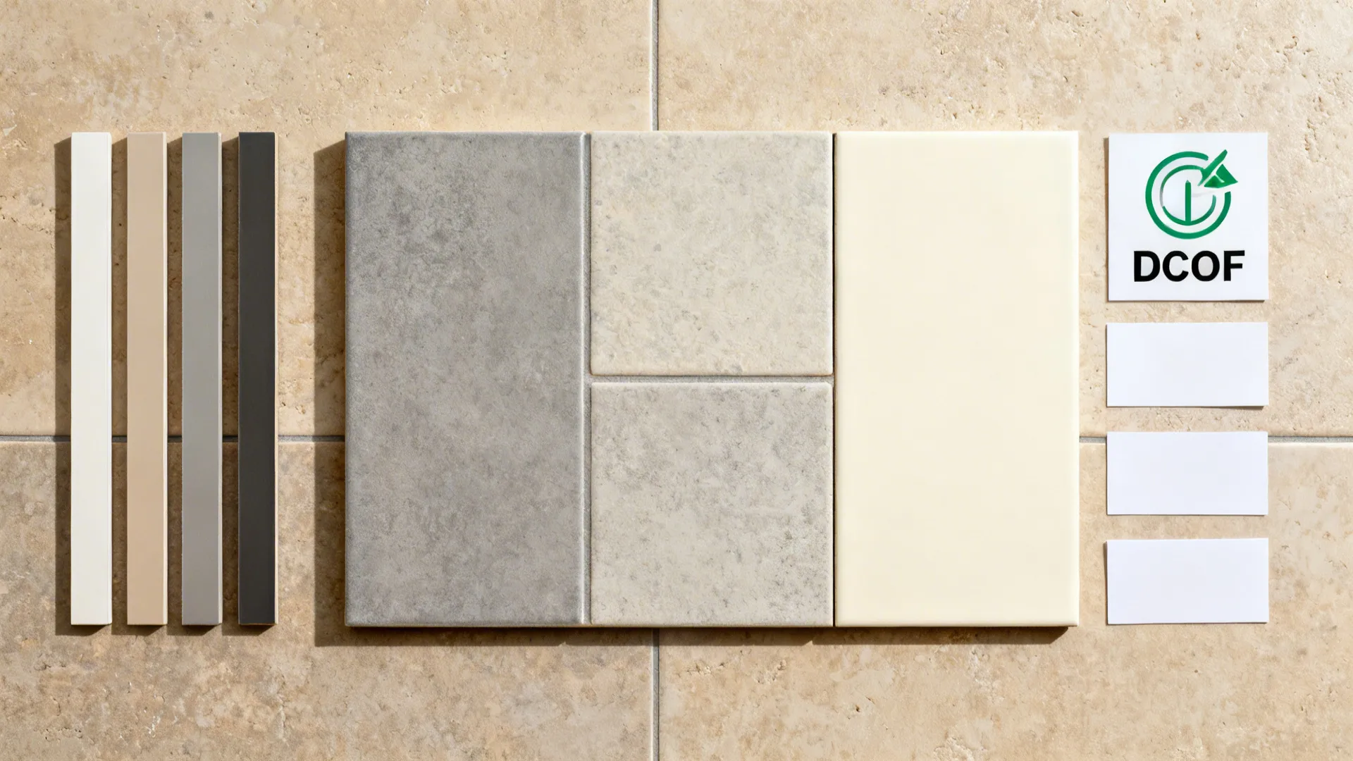 Top-down board with tile samples, grout options, and icons for traction and maintenance considerations.