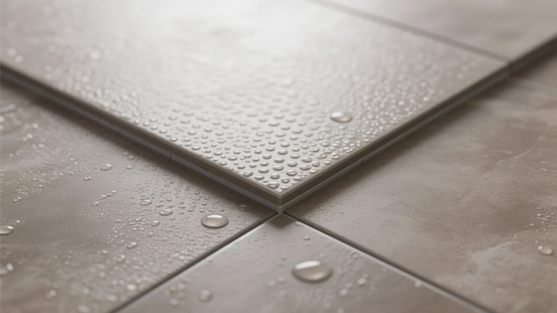 Macro view of water beads on grey non slip floor tiles demonstrating moisture resistant bathroom flooring
