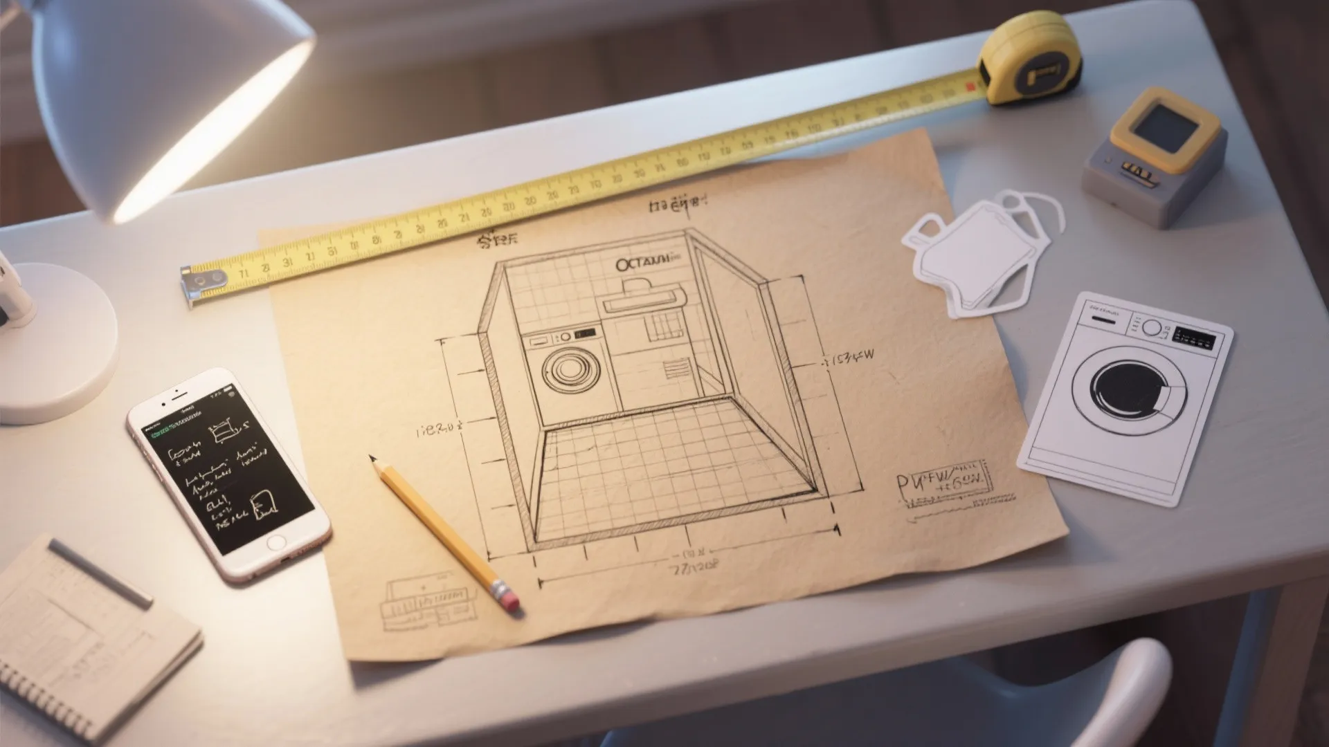Hand drawn laundry room interior design drawing on desk with pencil phone and yellow measuring tape