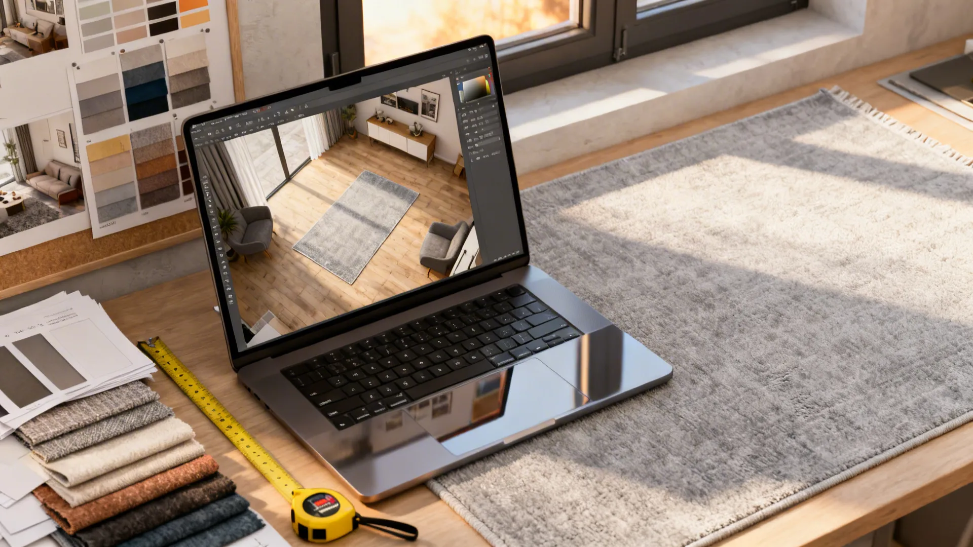 Top-down view of a room planner on a laptop with rug samples and tape measure for testing layouts.