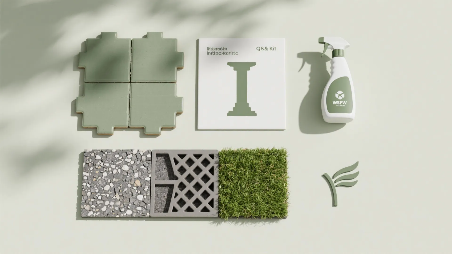 Flat lay of balcony flooring samples and accessories addressing renter, drainage, and pet questions.