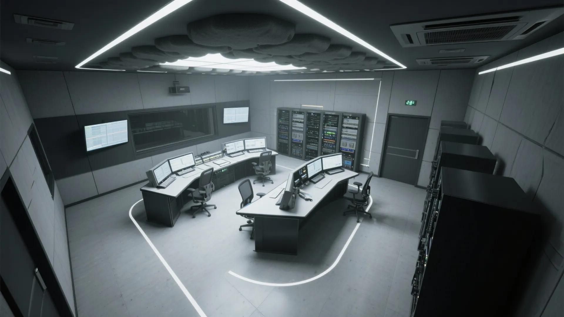 High angle view of a data center control room with workstations server racks and white lighting