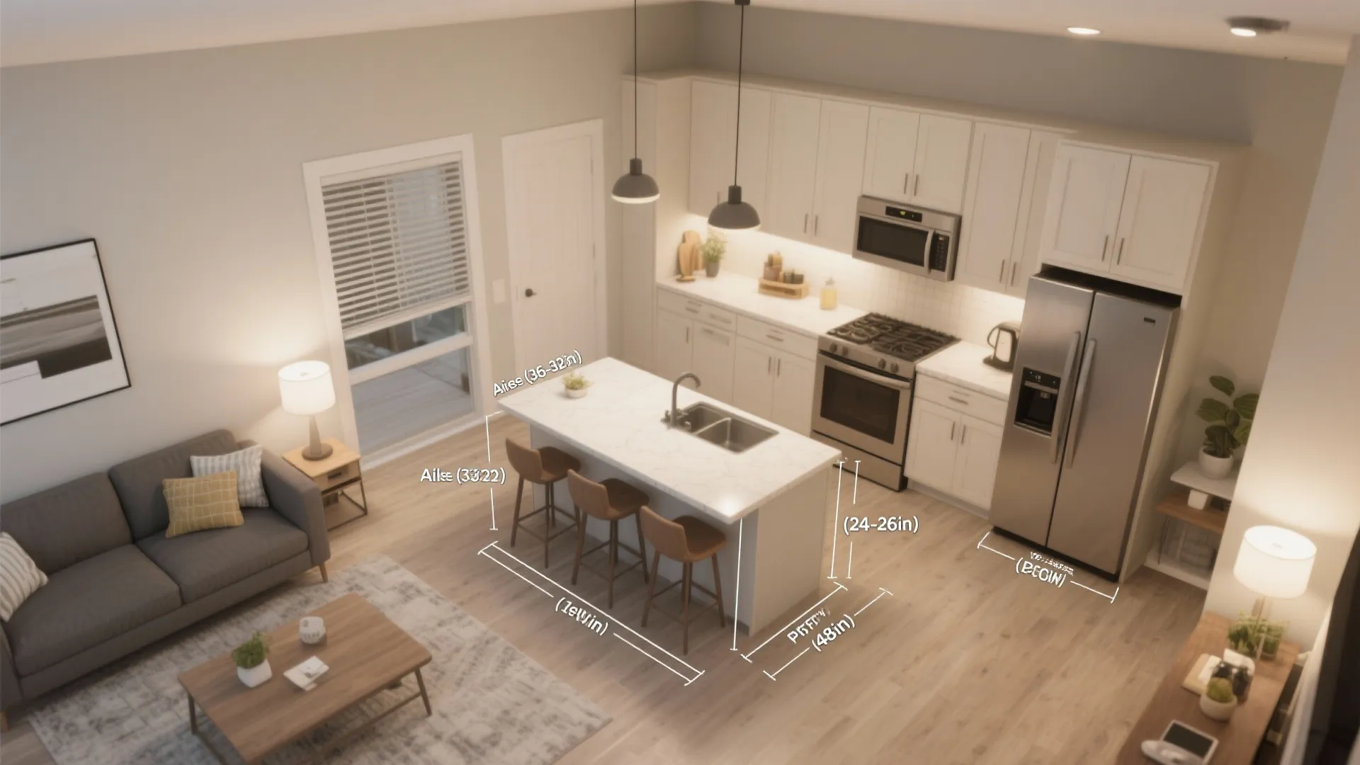 Top view of kitchen island with stools sofa coffee table and white cabinets showing measurements