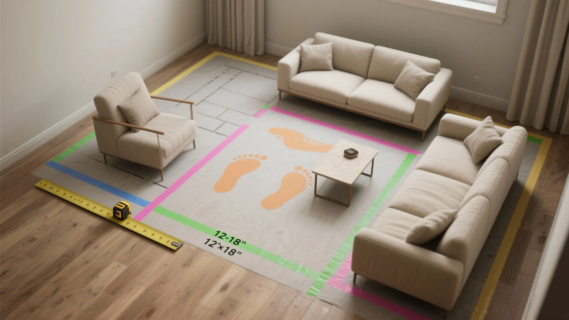 Modern living room layout with beige sofas and armchair surrounding a rug with measurement markings