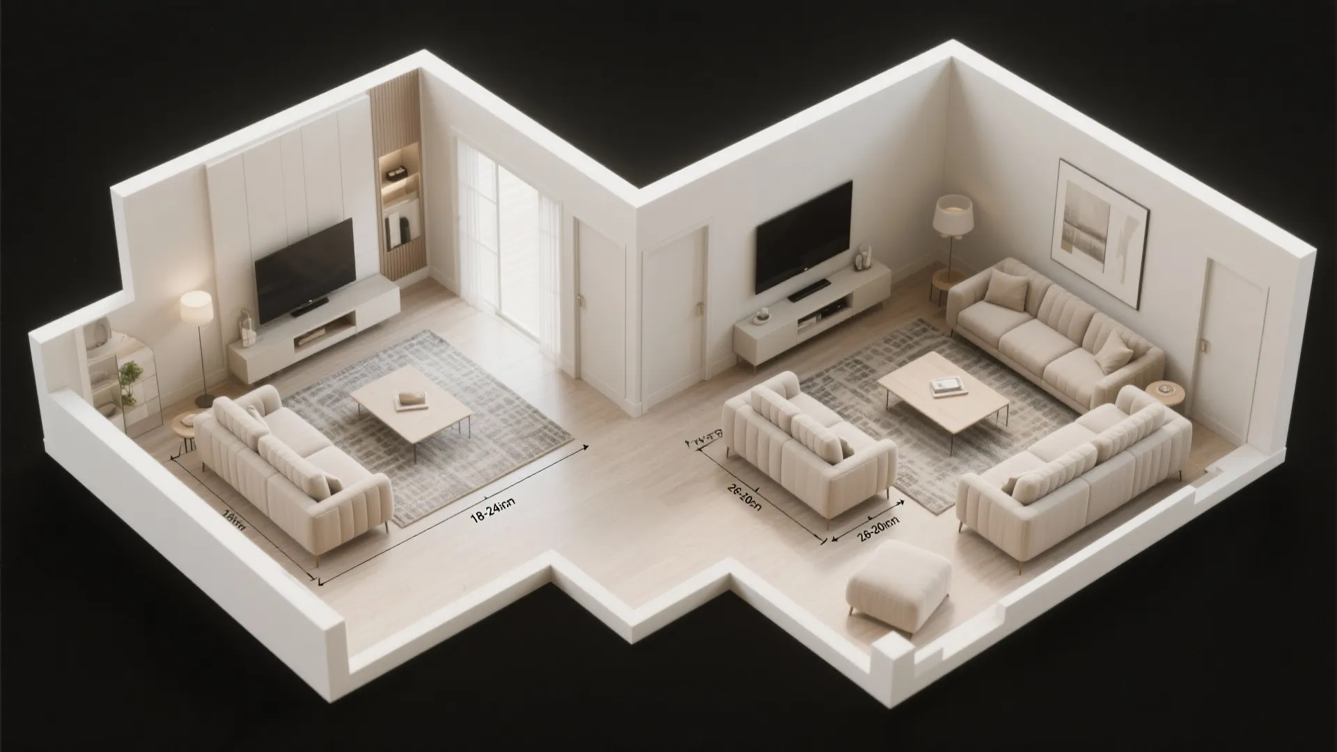 Interior design drawing showing a 3D living room layout with sofas televisions and measurement lines
