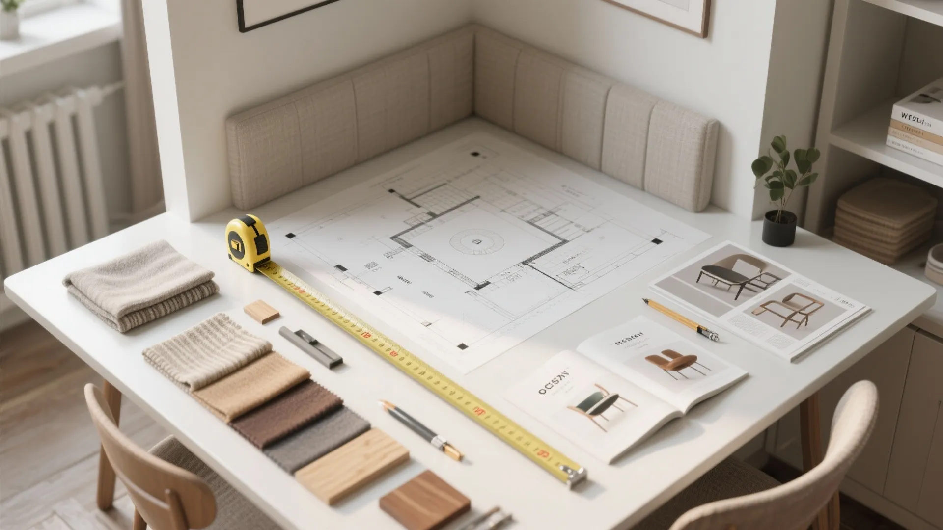 Interior design drawing on a white desk with yellow tape measure fabric samples and design books