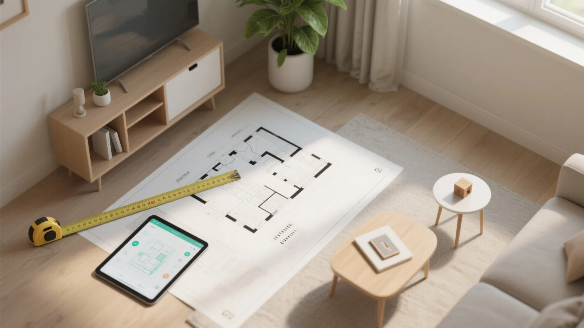 Interior design drawing on floor next to tablet and measuring tape in a modern home