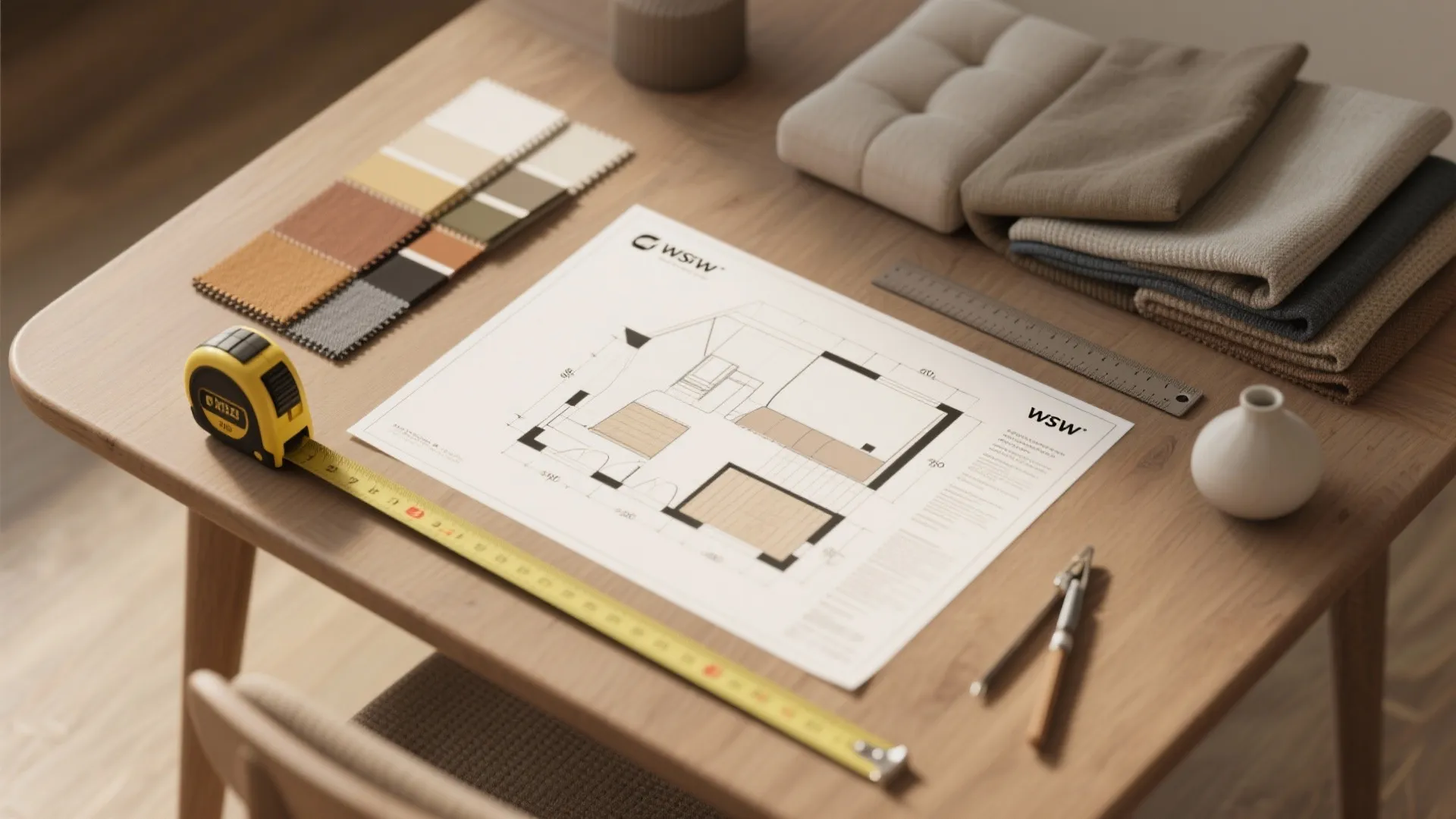 Interior design drawing on a wooden table with measuring tape, color samples, and fabric swatches