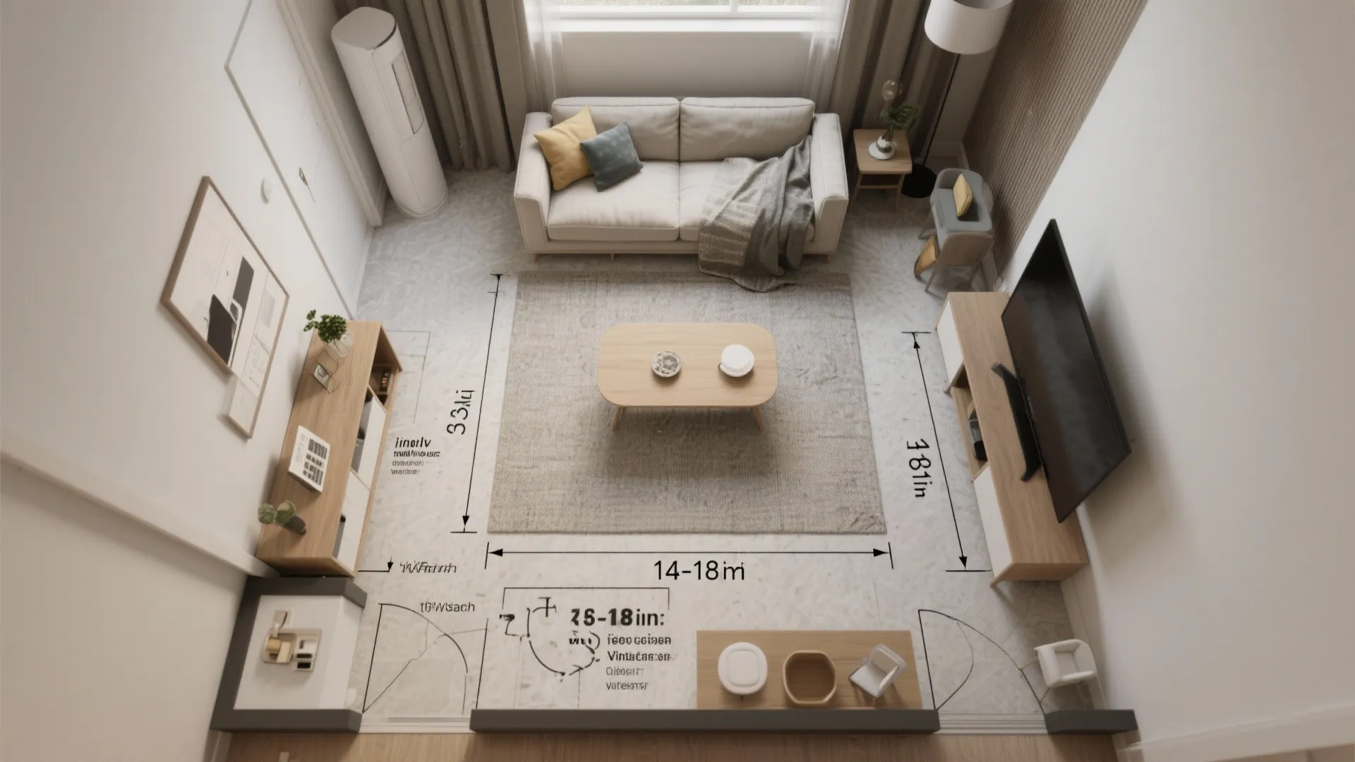 Top-down illustrated floorplan of a small living room with clearance measurements and annotated furniture distances.