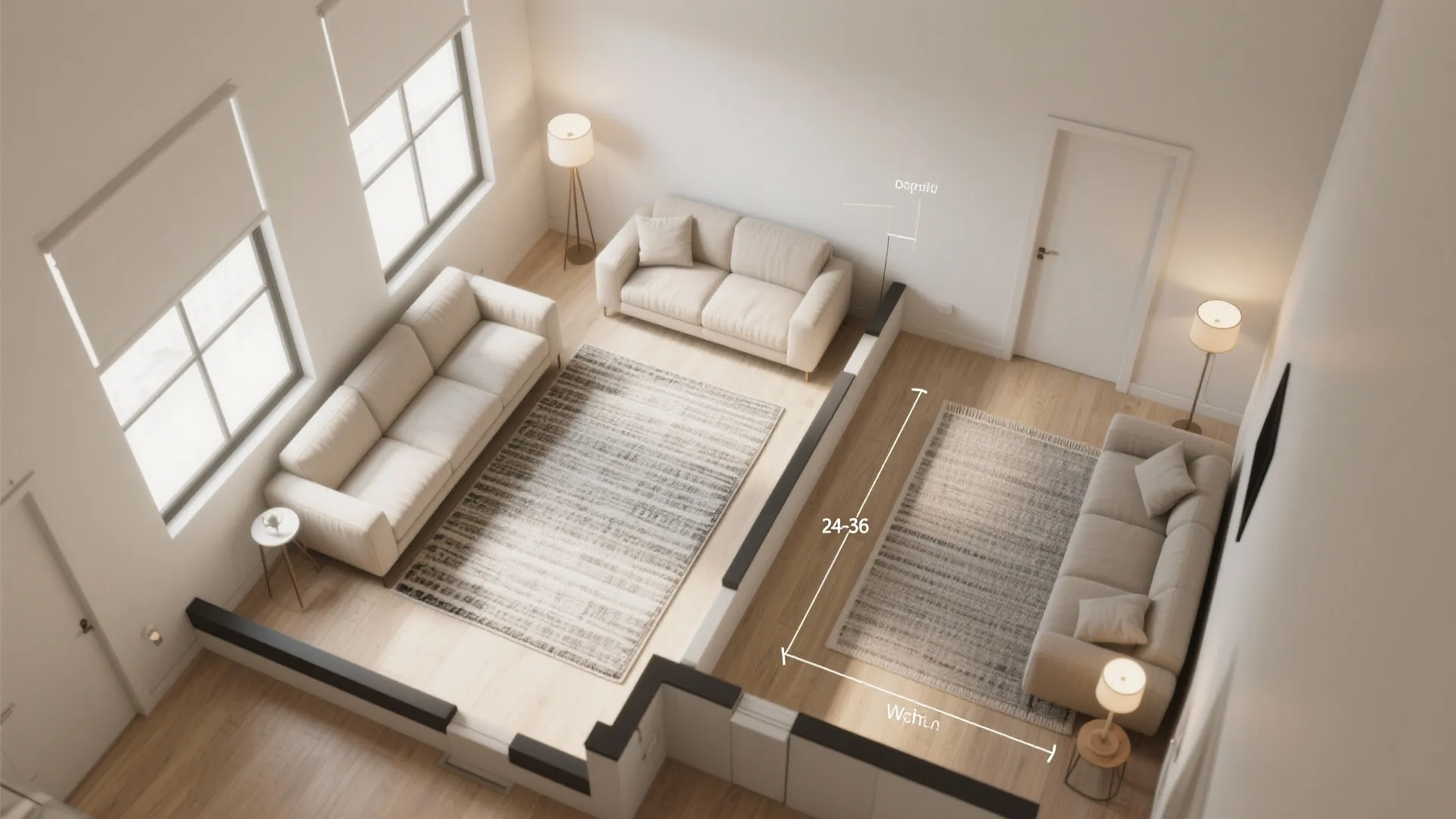 Interior design drawing showing a room layout with dimensions for sofas and area rugs placement