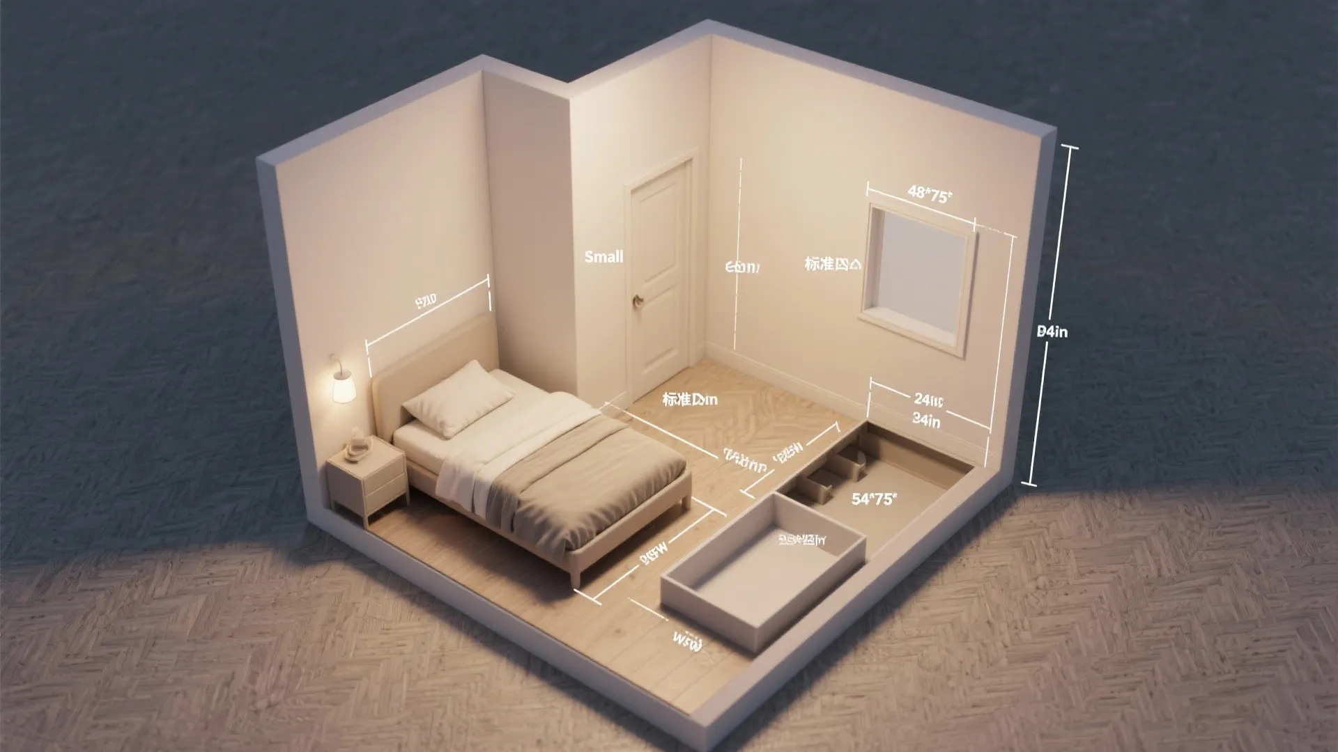Interior design drawing showing a small bedroom with dimensions for bed window door and storage
