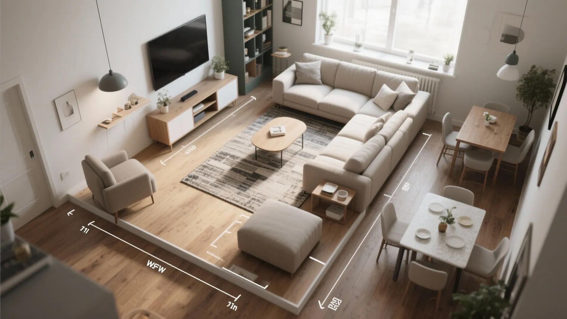 Interior design drawing showing room layout dimensions for a living room with sofa and tables