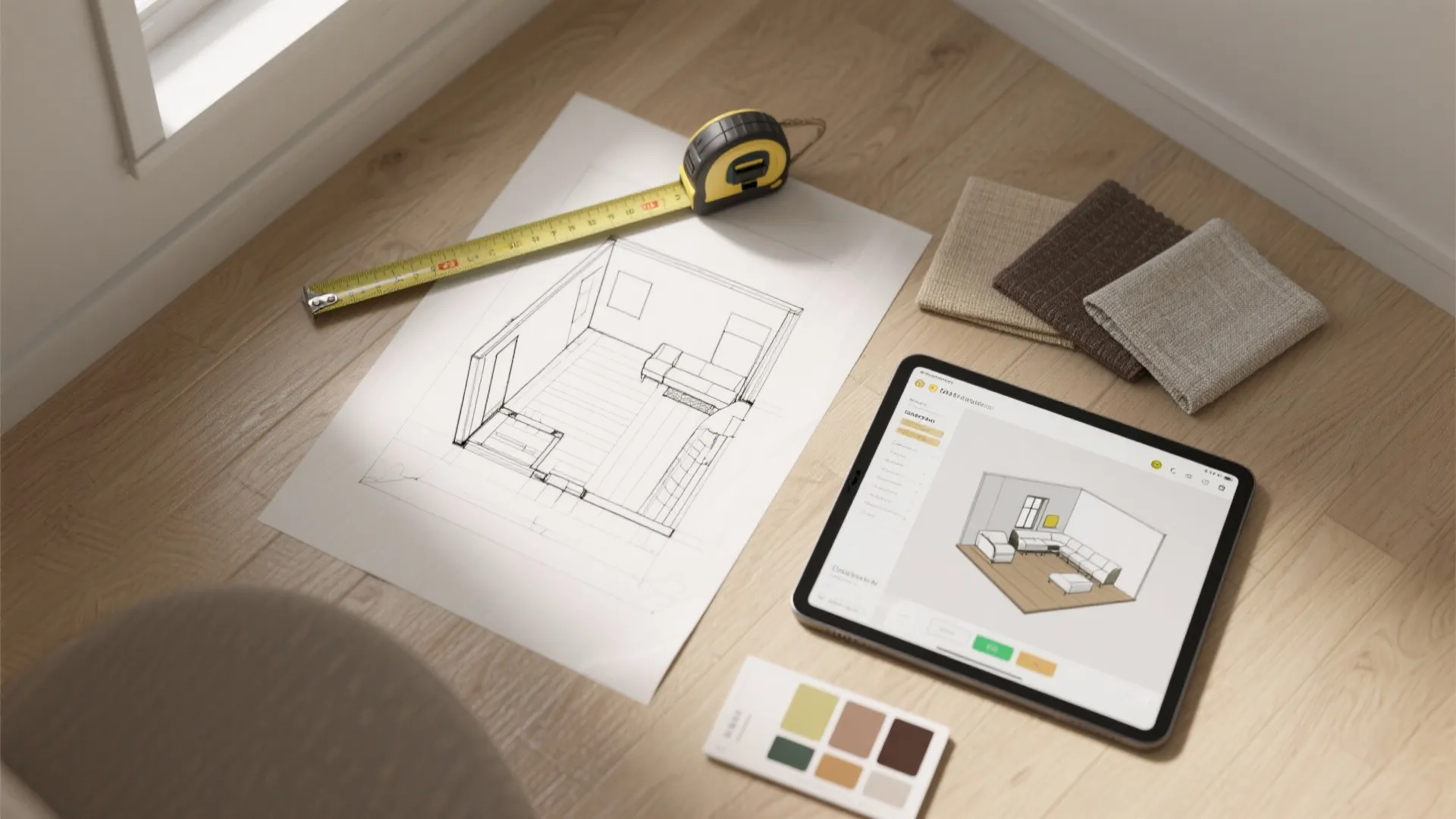 Top-down flatlay of a room layout sketch, tape measure, tablet with 3D mockup and fabric swatches