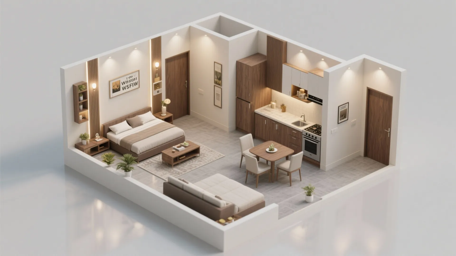 Modern studio apartment layout with bed sofa dining table small kitchen and brown wooden furniture