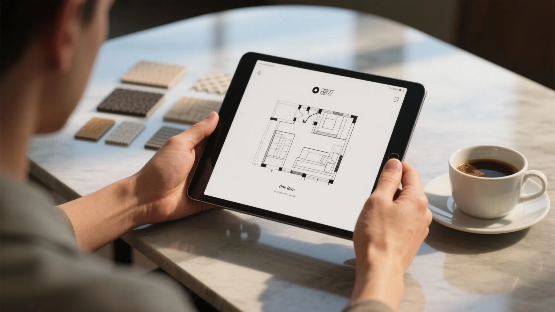 Hands holding a tablet with a quick one-bedroom floor plan sketch alongside material samples and a coffee cup.