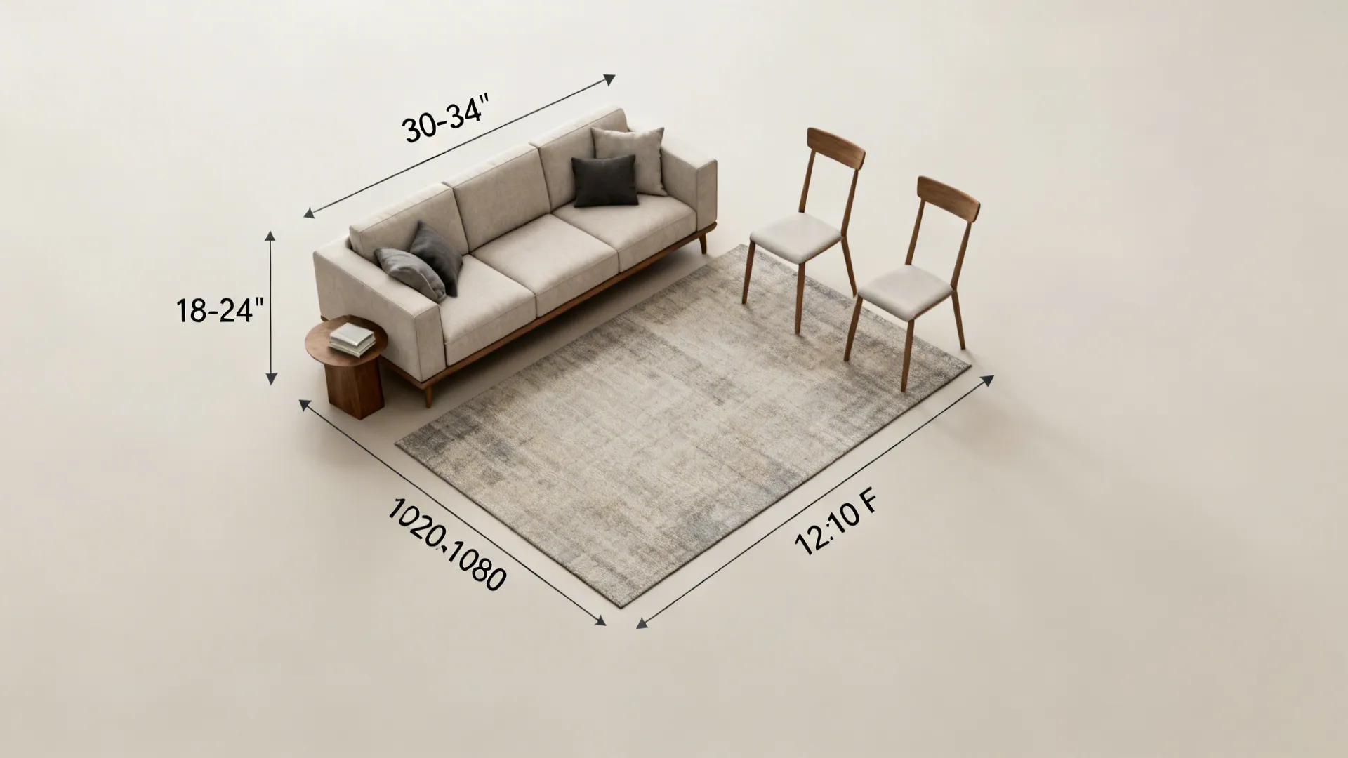 Top-down floorplan mockup for small living room with recommended dimensions and clearances.