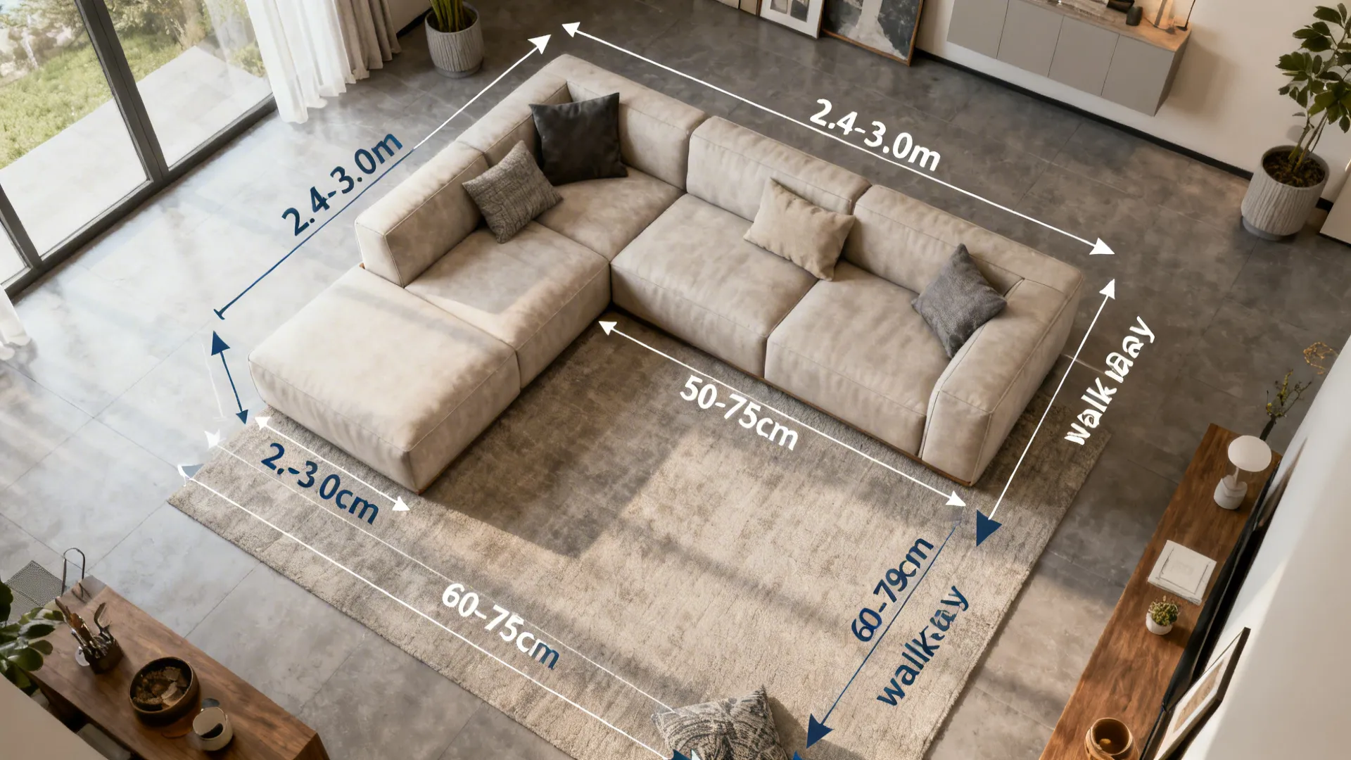 Top-down floorplan illustrating an L-shaped sofa in a small living room with suggested measurements and circulation paths.