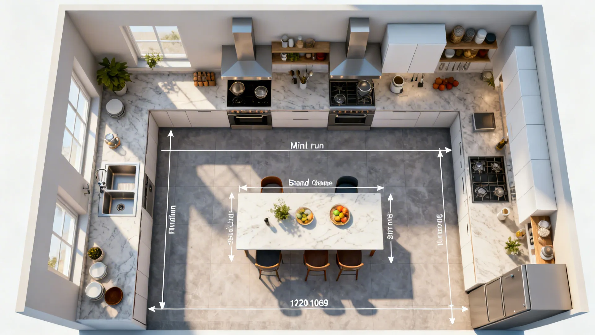 Top-down L-shaped kitchen floor plan with annotated clearances and appliance swing arcs.