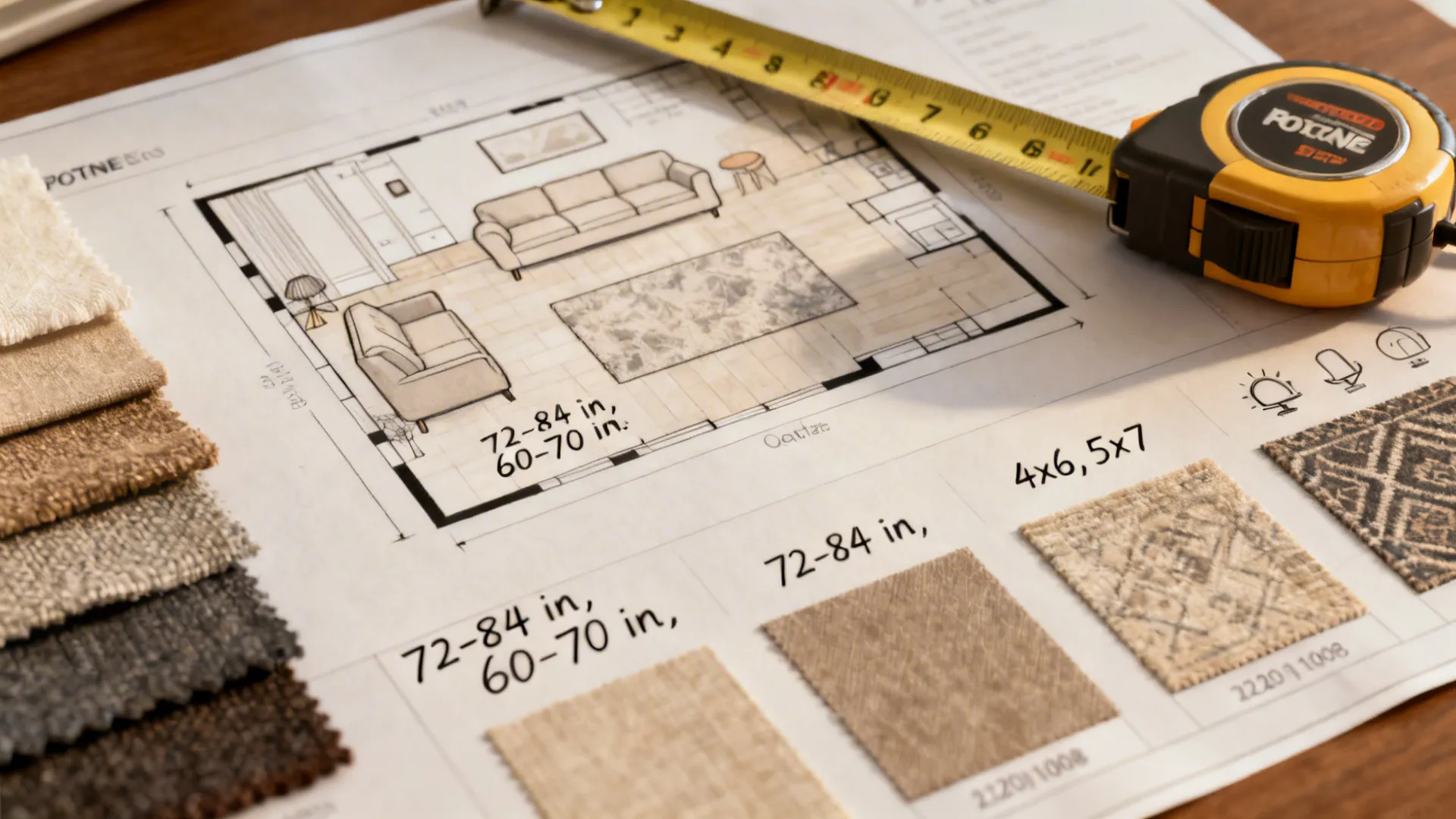 Annotated small-room floor plan, measuring tape and rug swatches illustrating sizing tips.