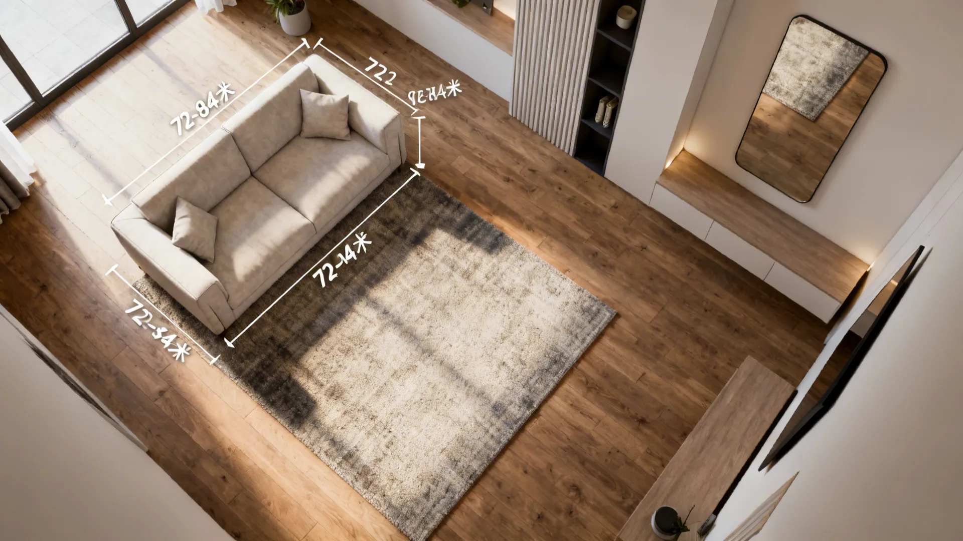 Top view of a living room layout with sofa and rug showing white measurement lines