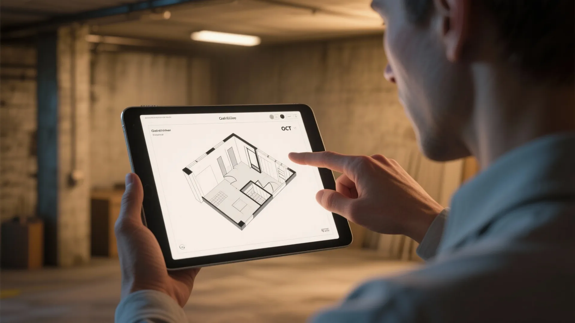 Designer showing a 3D floor plan on a tablet for basement bar layouts and FAQs.