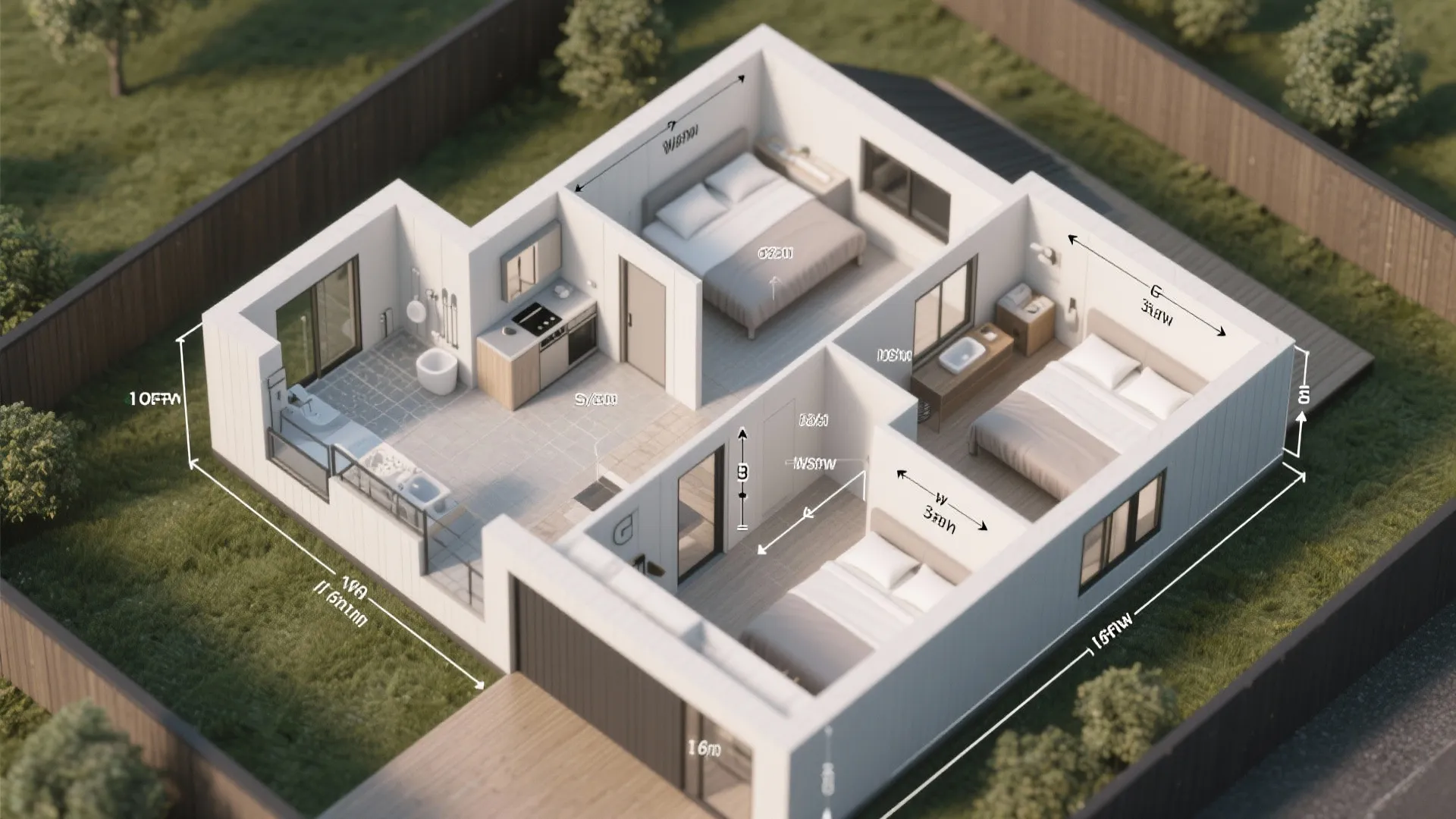Top-down annotated floor plan showing clustered wet areas, bedroom sizes, and circulation for a 3-bedroom shouse.