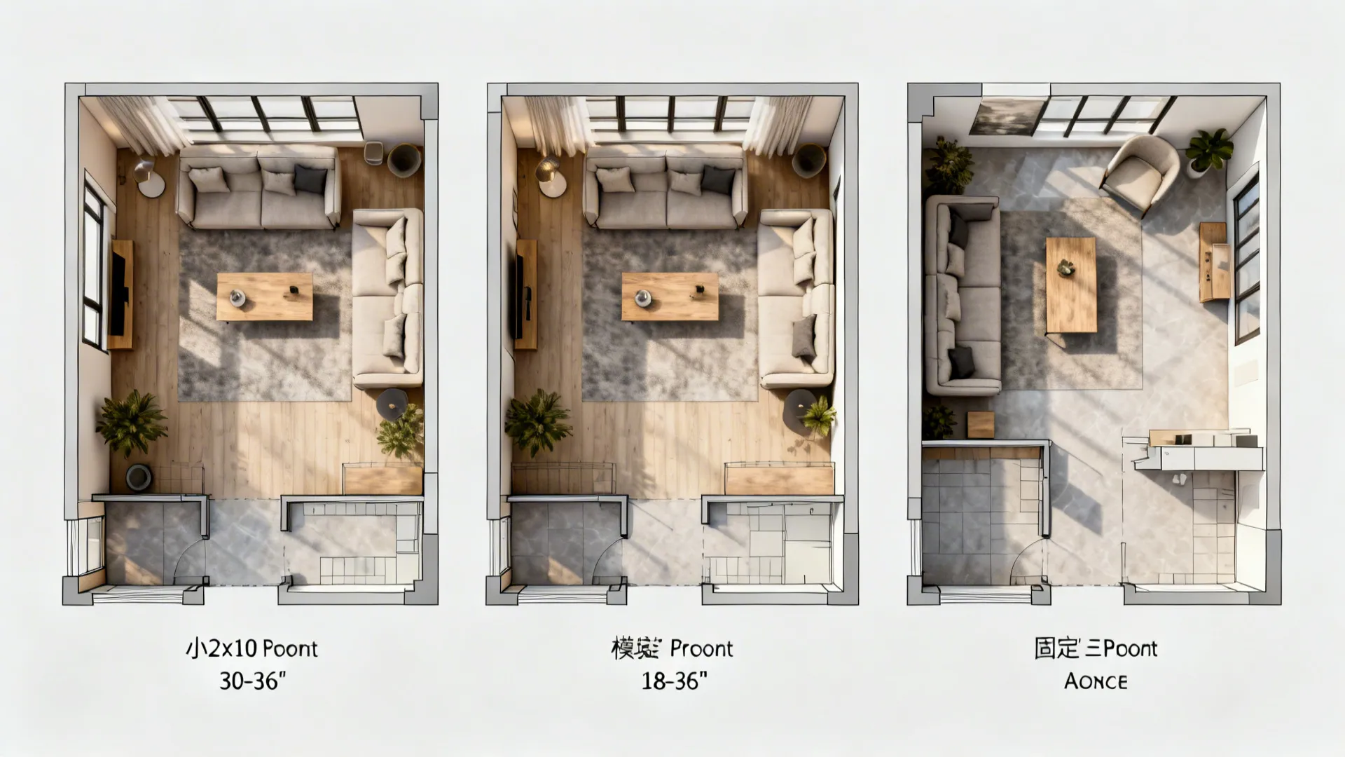 Top-down floor plan showing measurements and circulation clearances for three-piece sofa layouts.