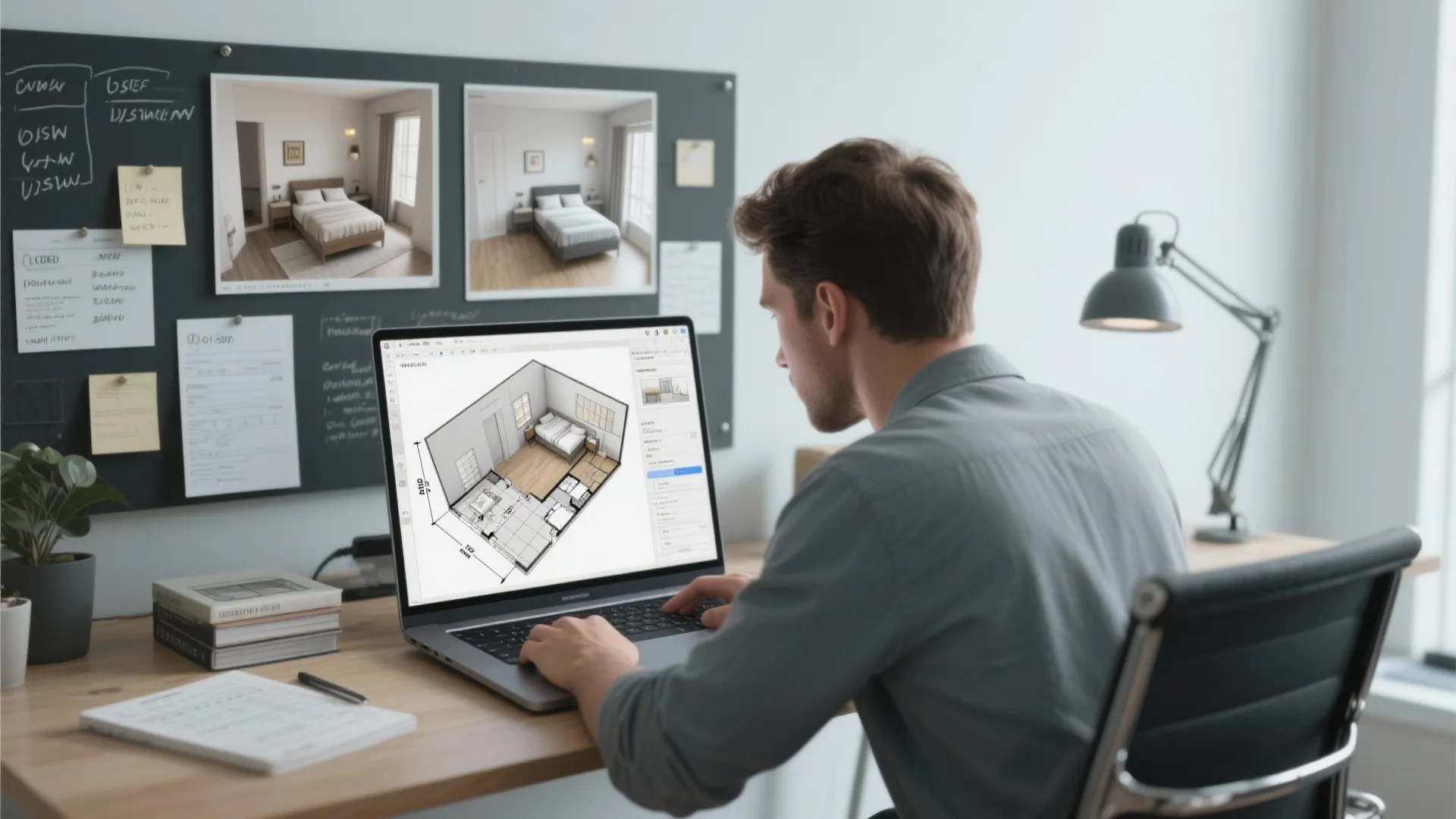 Man using laptop to create interior design drawing of bedroom layout on a wooden desk