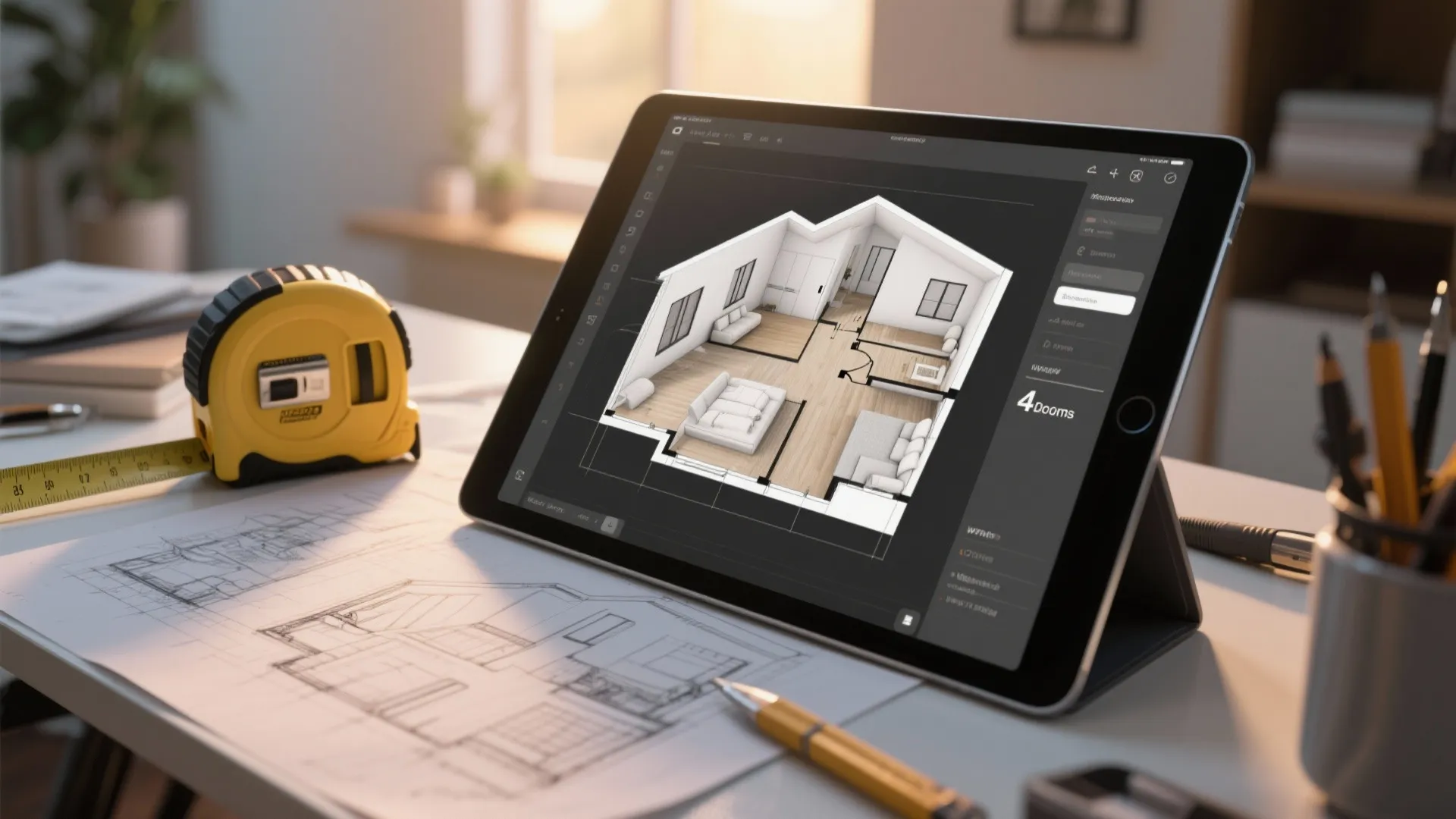 Close-up of sketches, measuring tape and a tablet with a 3D floor planner used for quick layout mockups.