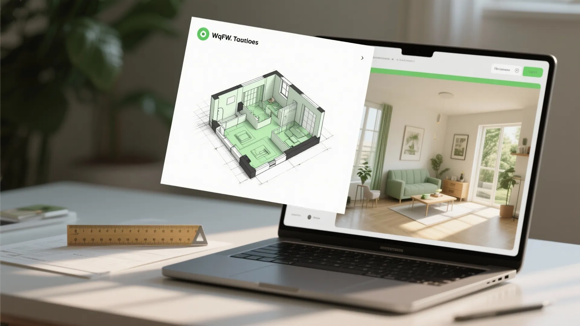 Collage of floor plan sketch, laptop with 3D planner, and model room illustrating planning tips and FAQs.