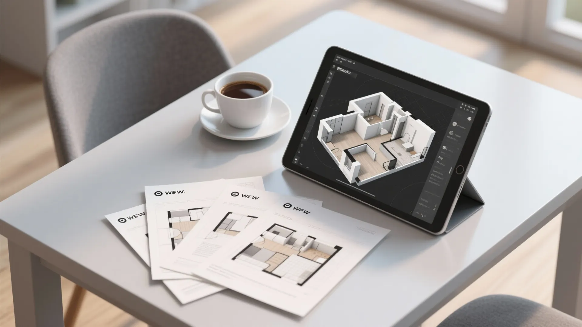 Tablet displaying a 3D room layout design next to printed floor plans and coffee cup