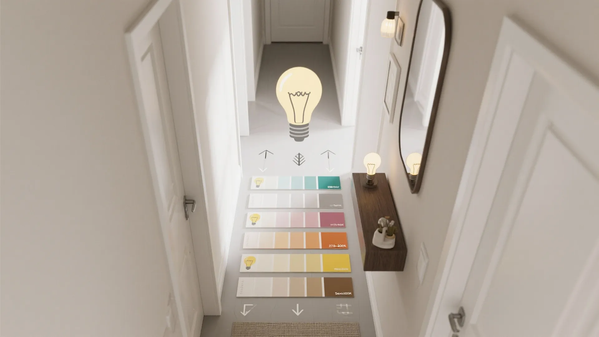 Graphic showing colorful paint swatches and light bulb icons in a narrow white home hallway