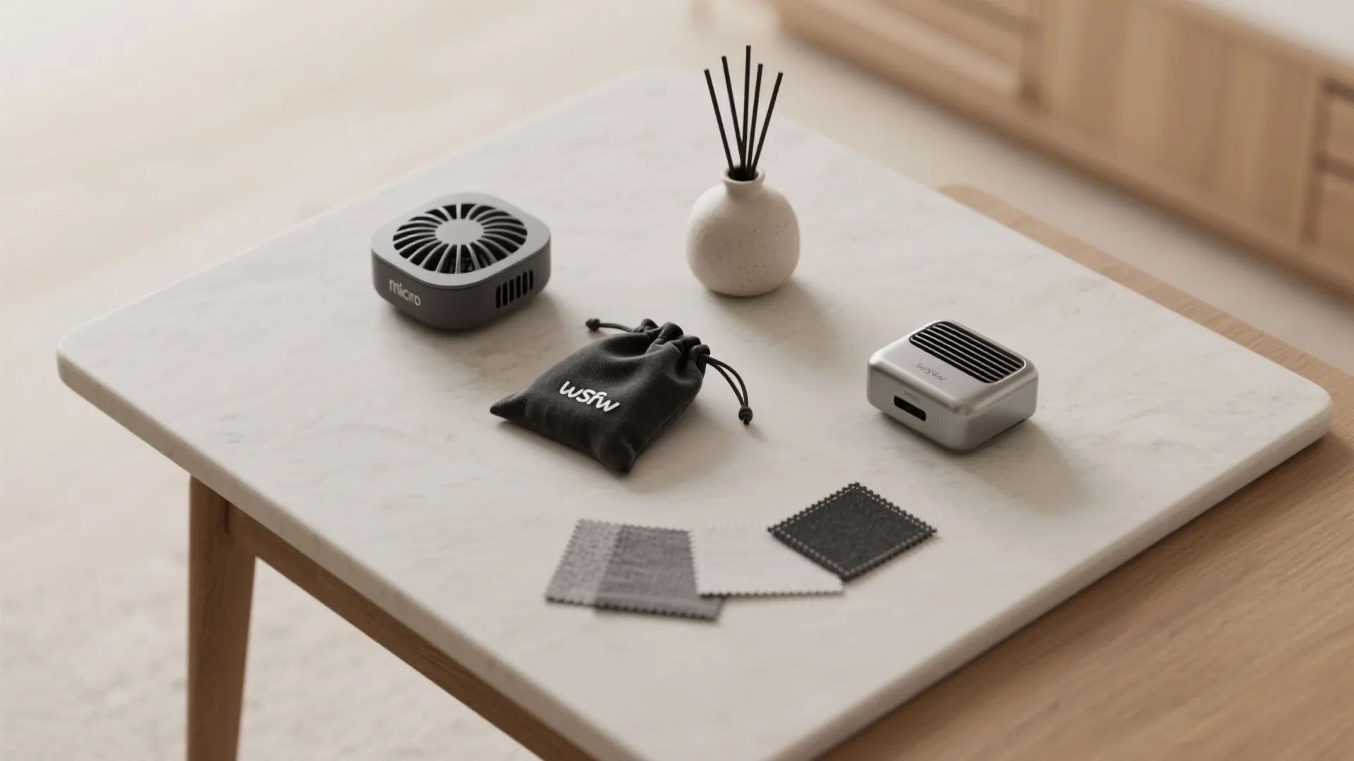 Small portable fan electronic devices and fabric samples placed on white marble table in bright room